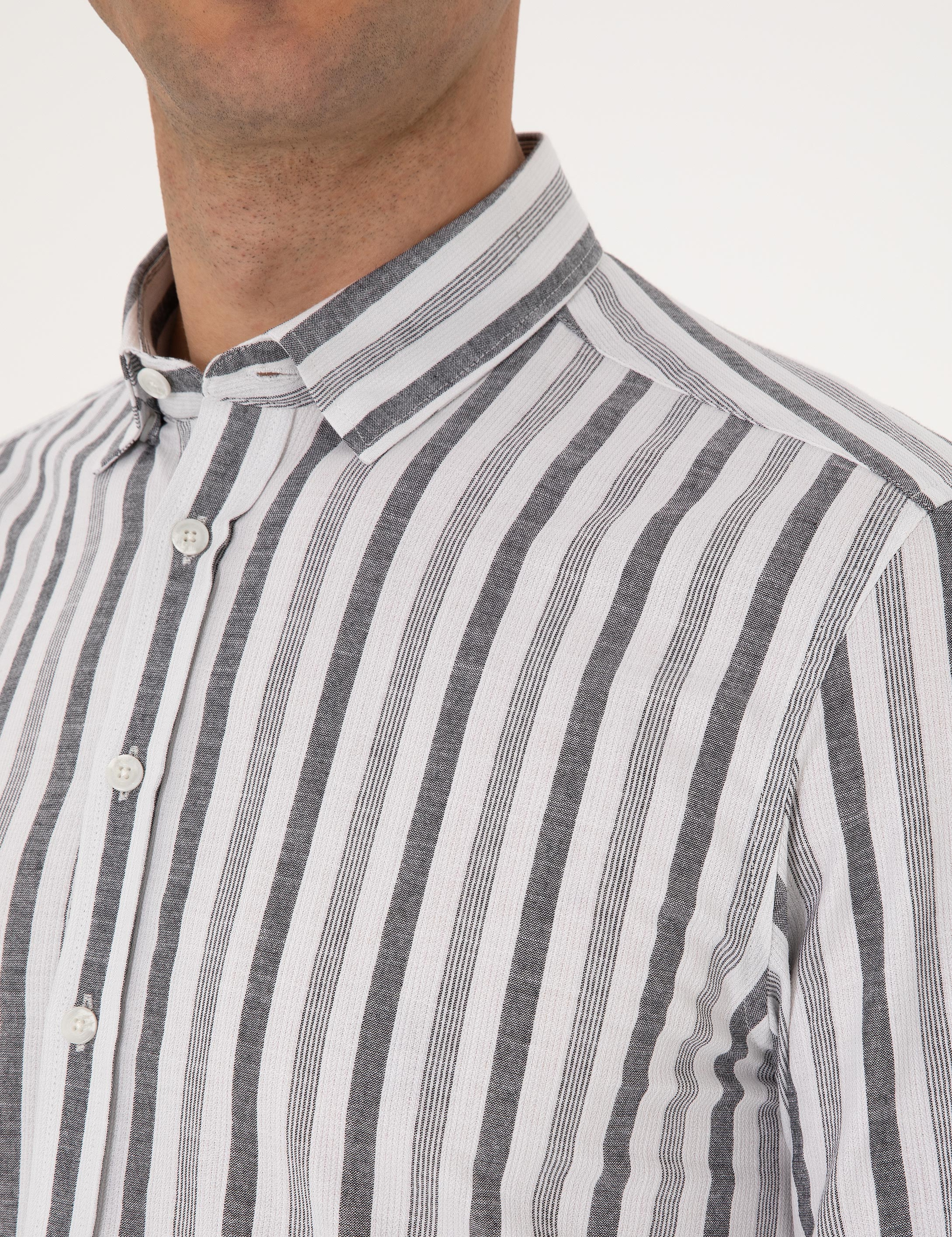 Siyah Regular Fit Çizgili Uzun Kollu Gömlek - Image 7