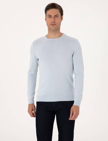 Açık Mavi Slim Fit Bisiklet Yaka Basic Triko Kazak