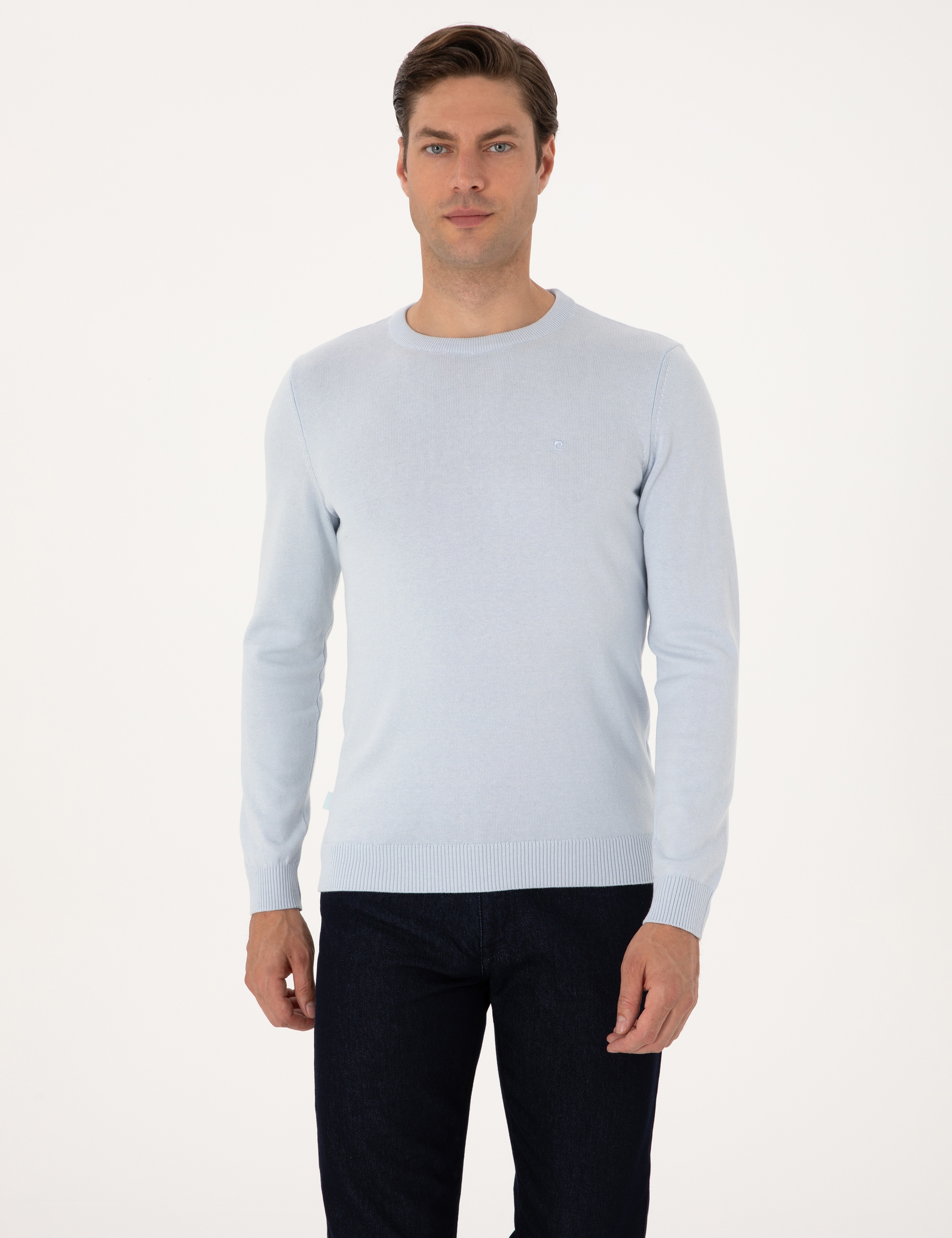 Açık Mavi Slim Fit Bisiklet Yaka Basic Triko Kazak - Image 1