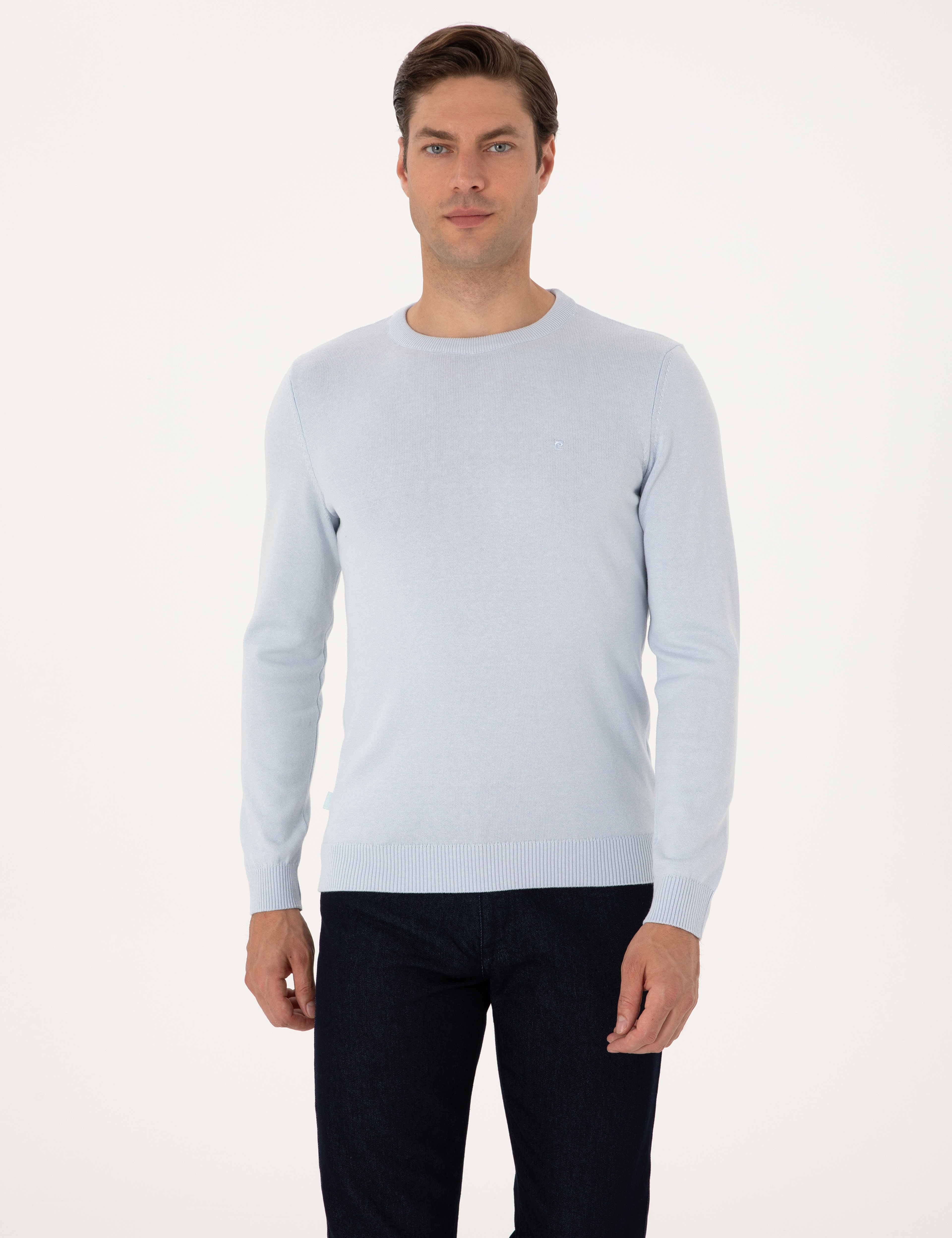 Açık Mavi Slim Fit Bisiklet Yaka Basic Triko Kazak