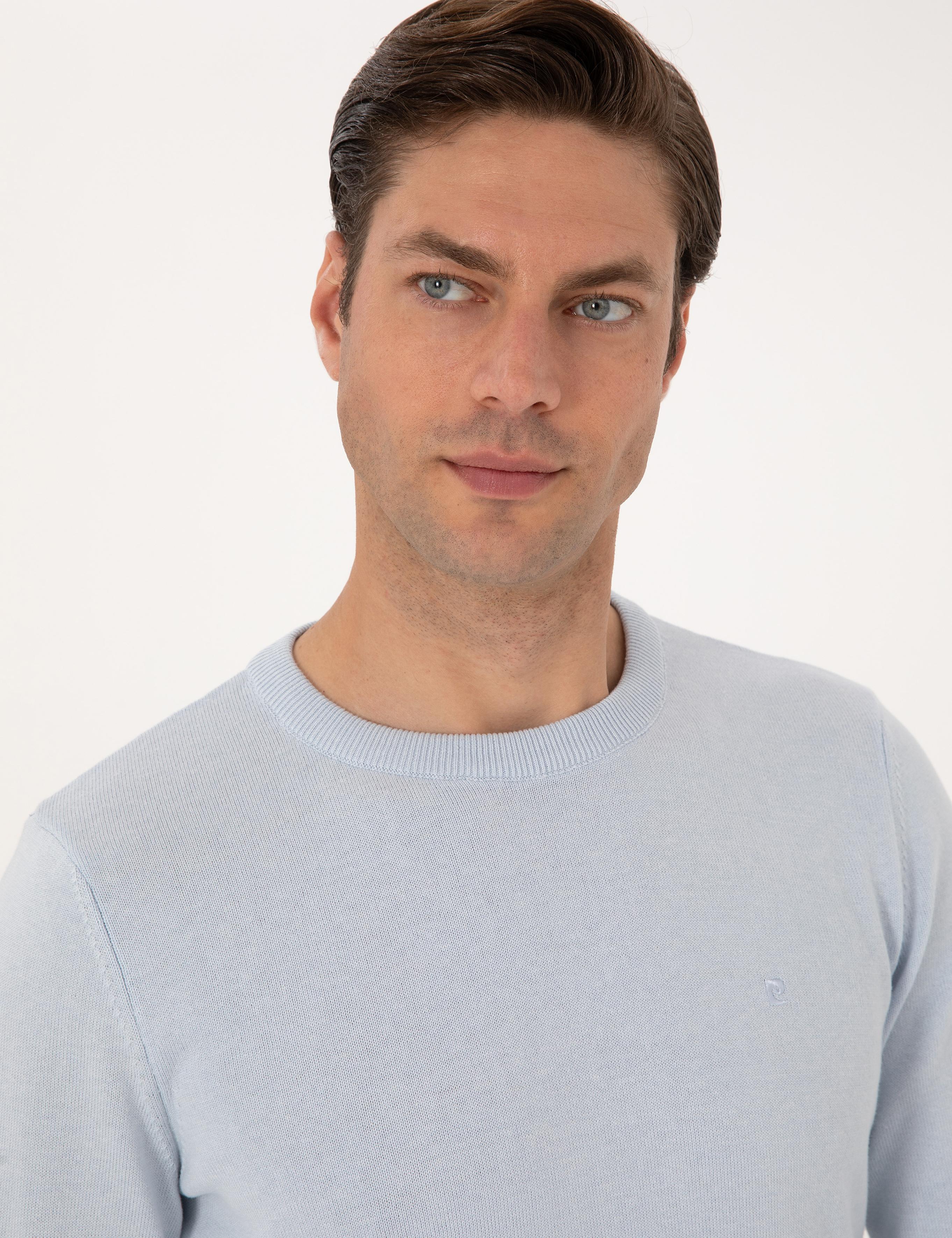 Açık Mavi Slim Fit Bisiklet Yaka Basic Triko Kazak