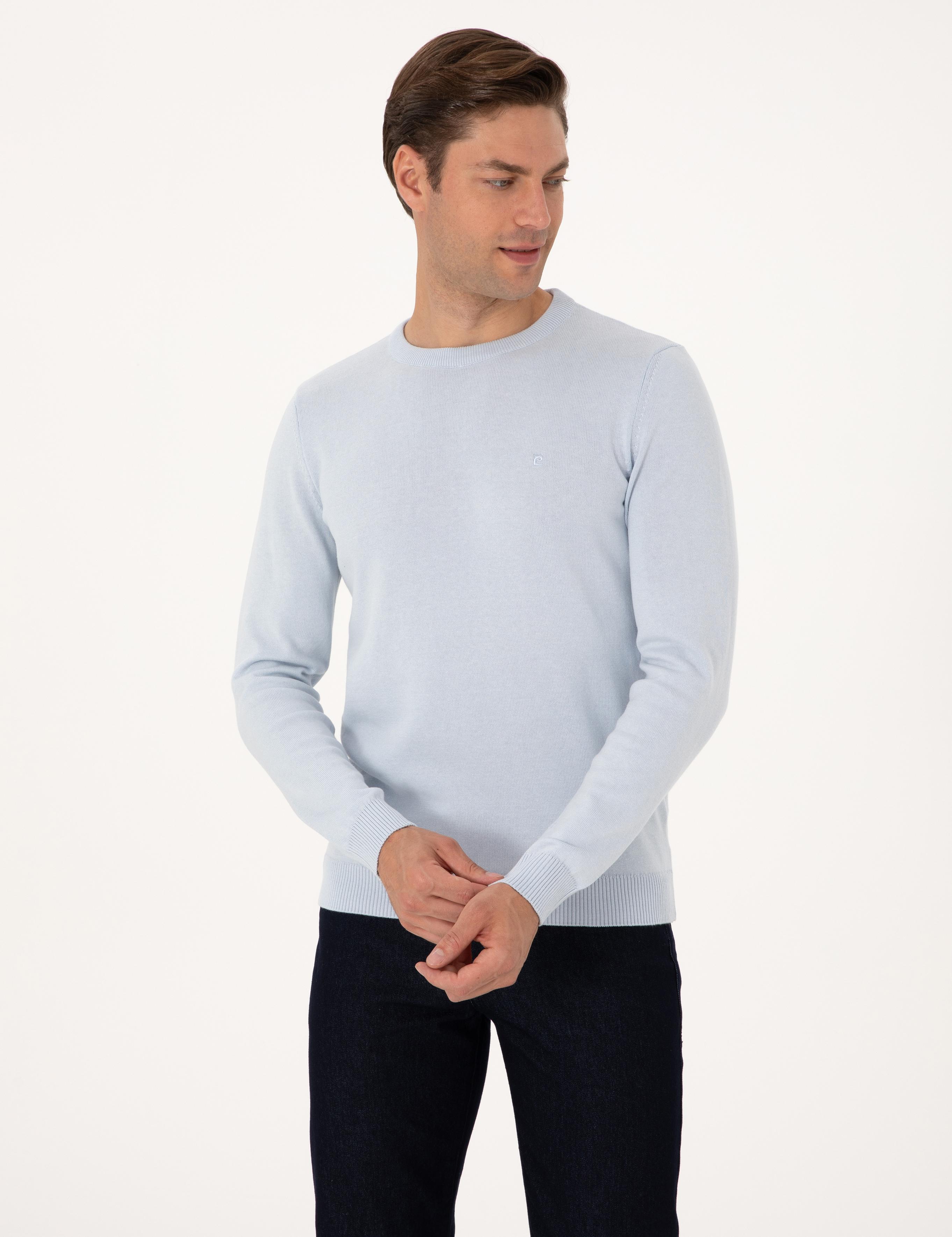 Açık Mavi Slim Fit Bisiklet Yaka Basic Triko Kazak