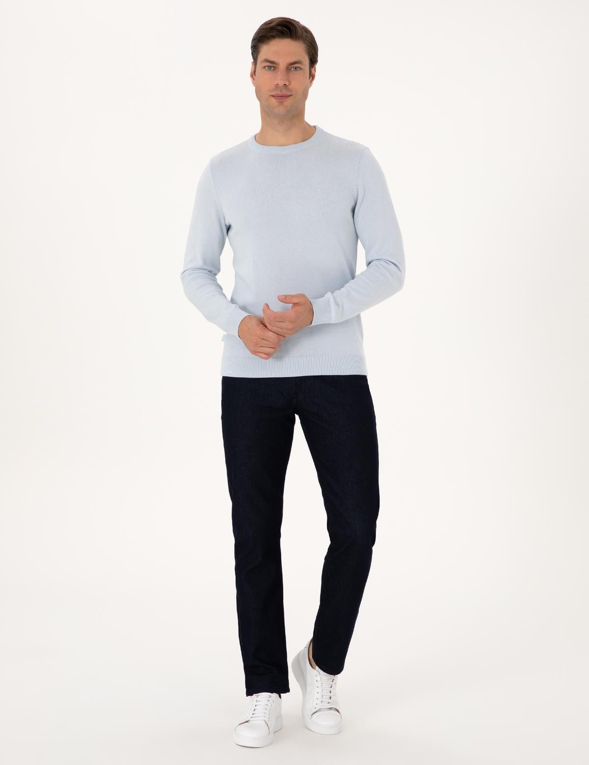 Açık Mavi Slim Fit Bisiklet Yaka Basic Triko Kazak - 50315509007