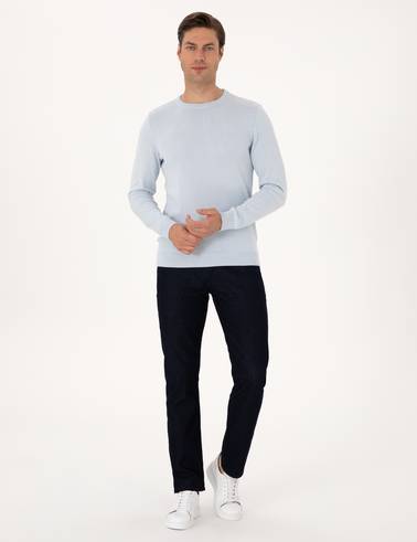 Açık Mavi Slim Fit Bisiklet Yaka Basic Triko Kazak
