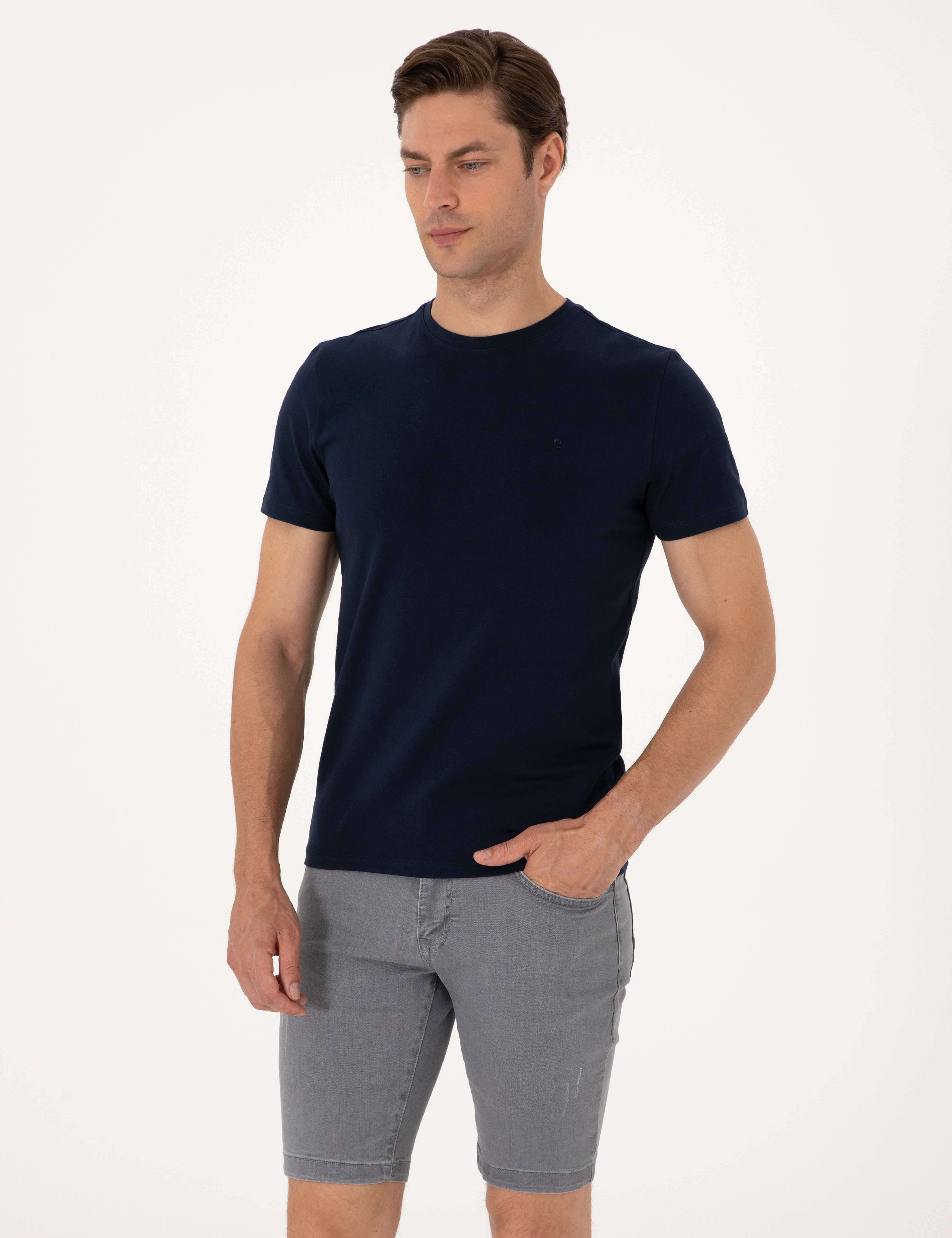 Lacivert Slim Fit Bisiklet Yaka Tişört - Image 3