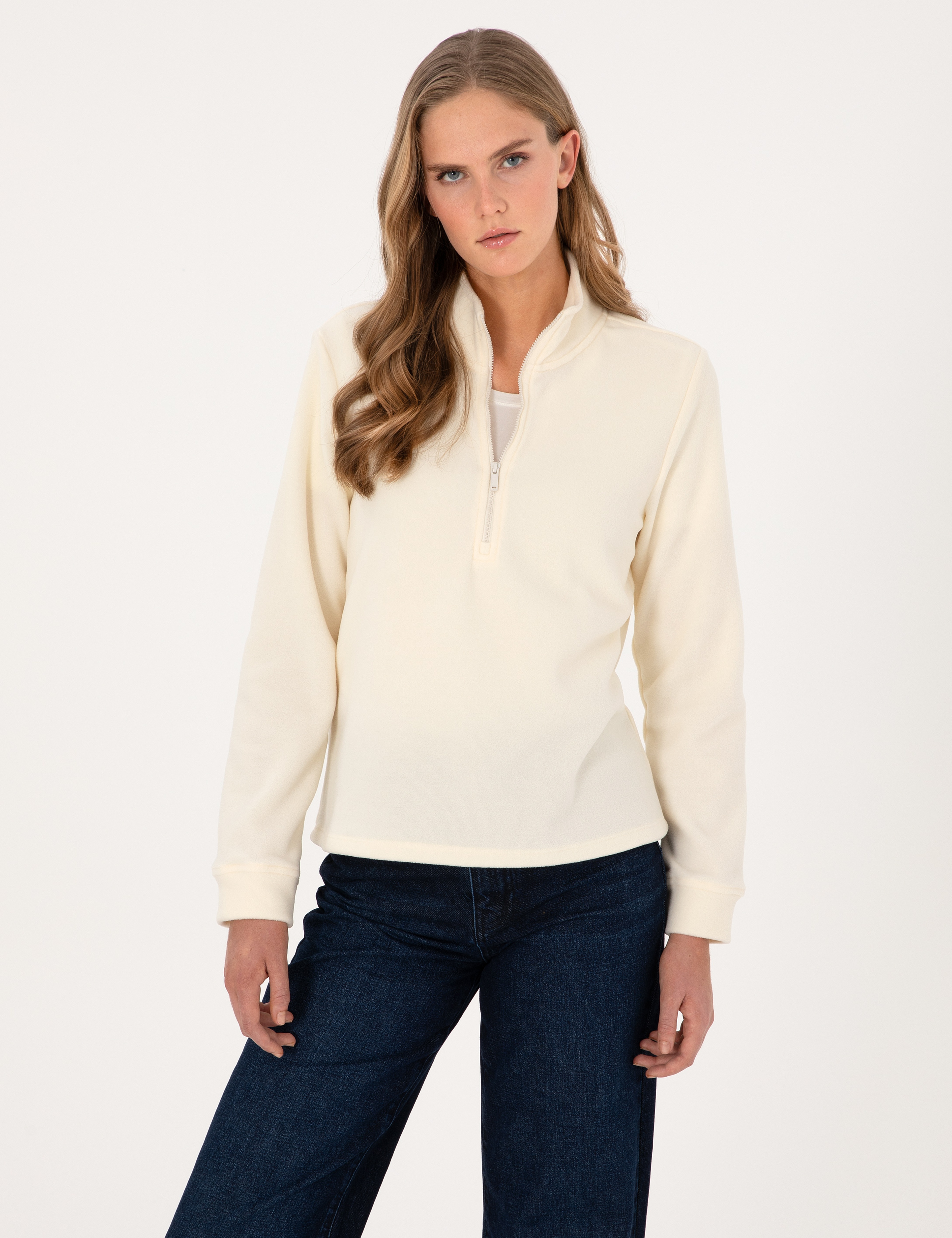 Ekru Comfort Fit Fermuarlı Polar Sweatshirt - Image 1