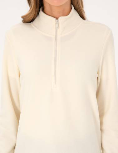 Ekru Comfort Fit Fermuarlı Polar Sweatshirt