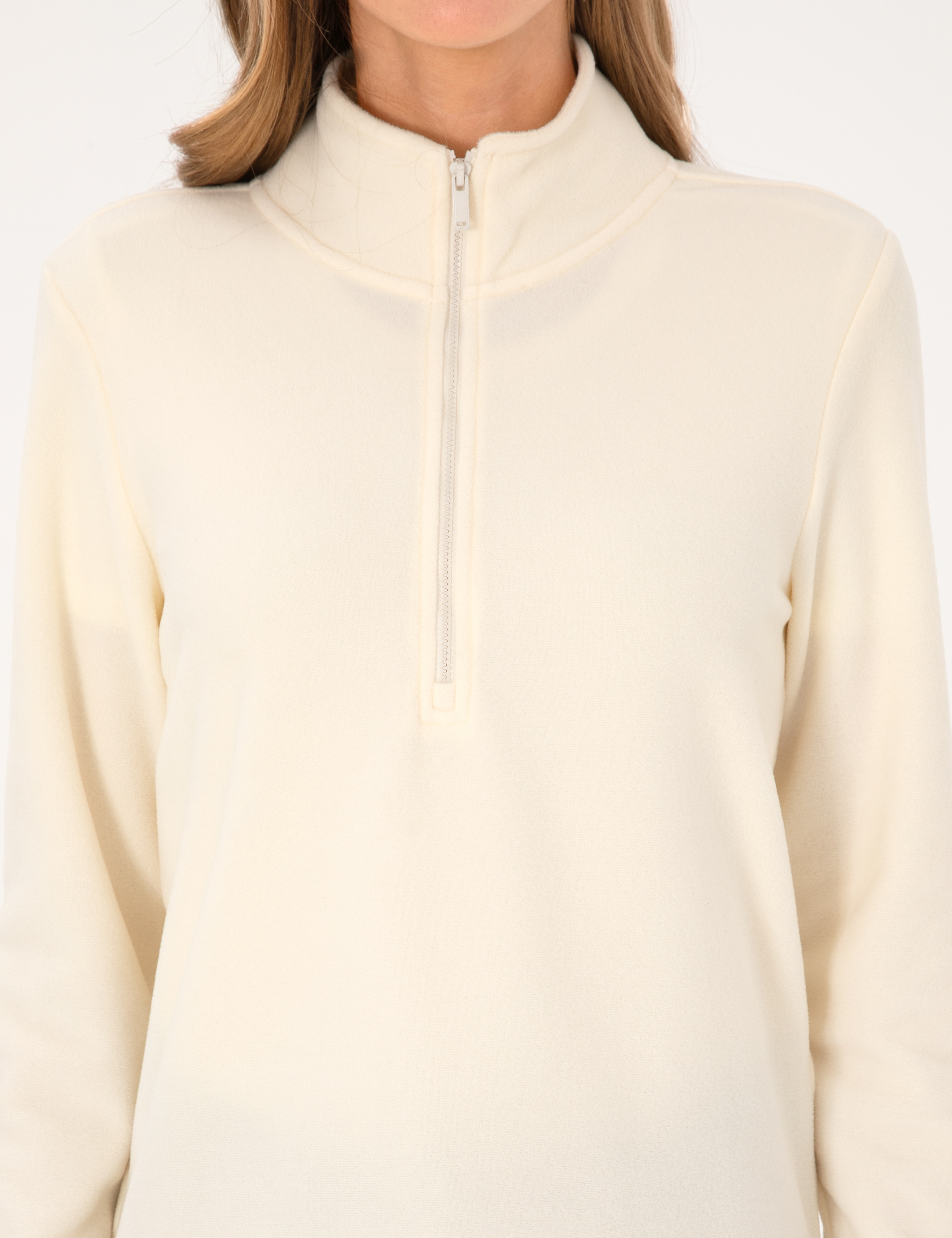 Ekru Comfort Fit Fermuarlı Polar Sweatshirt