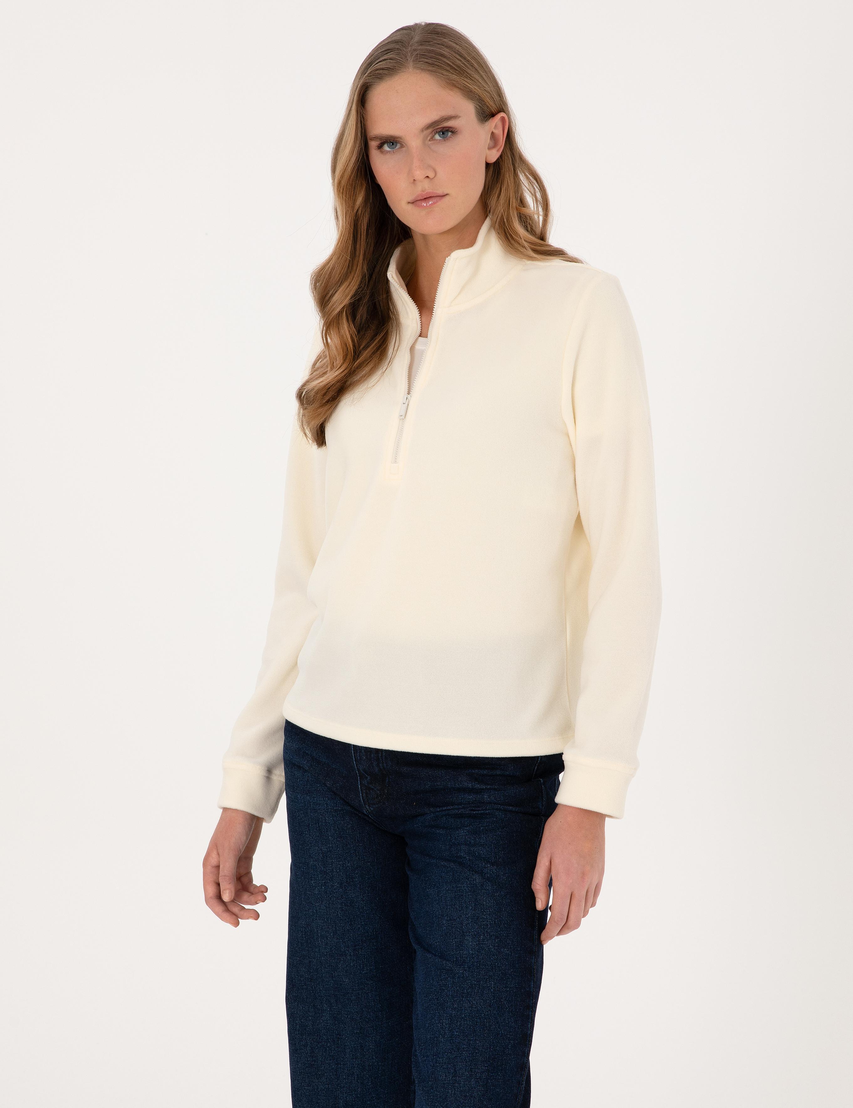 Ekru Comfort Fit Fermuarlı Polar Sweatshirt