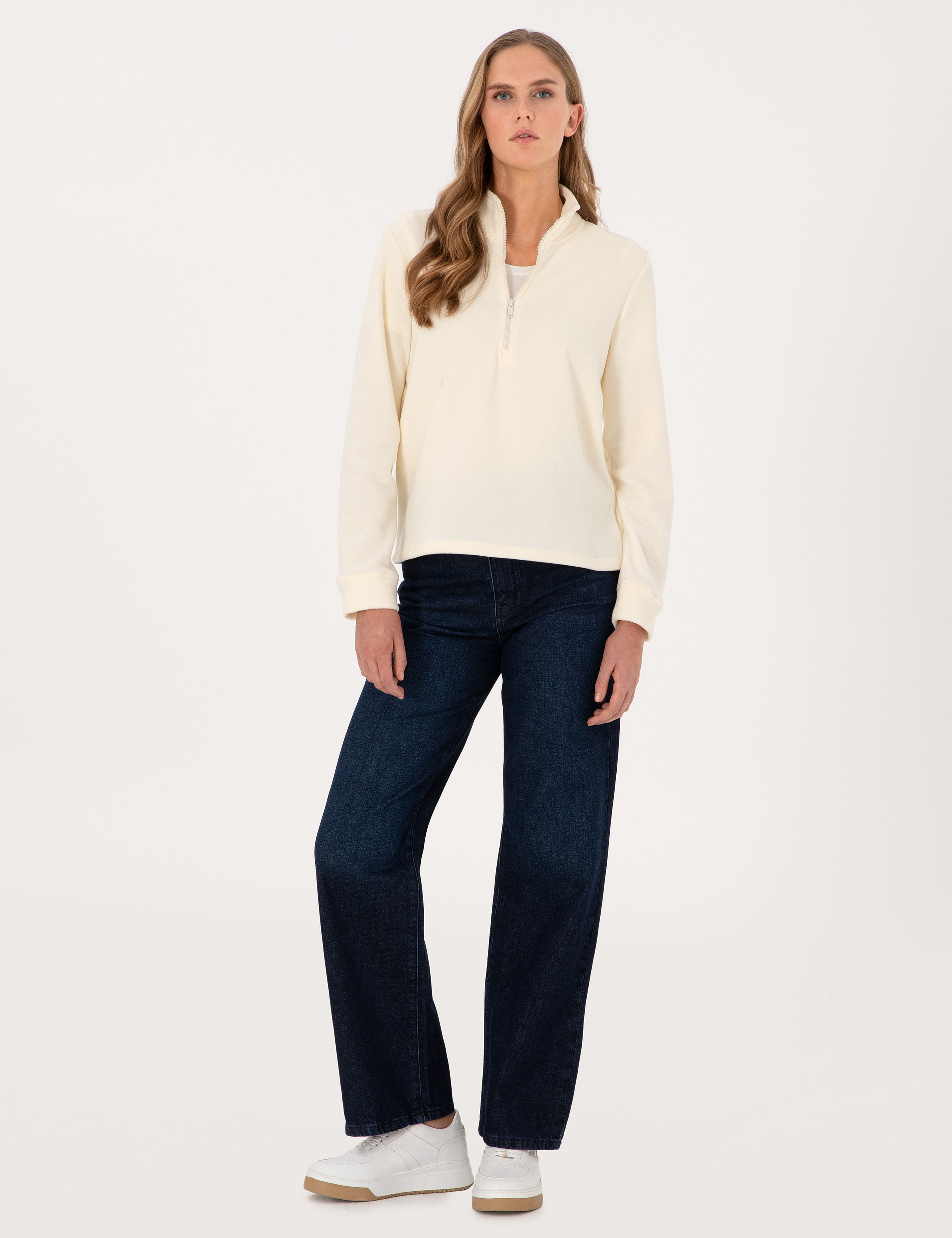 Ekru Comfort Fit Fermuarlı Polar Sweatshirt - Image 4