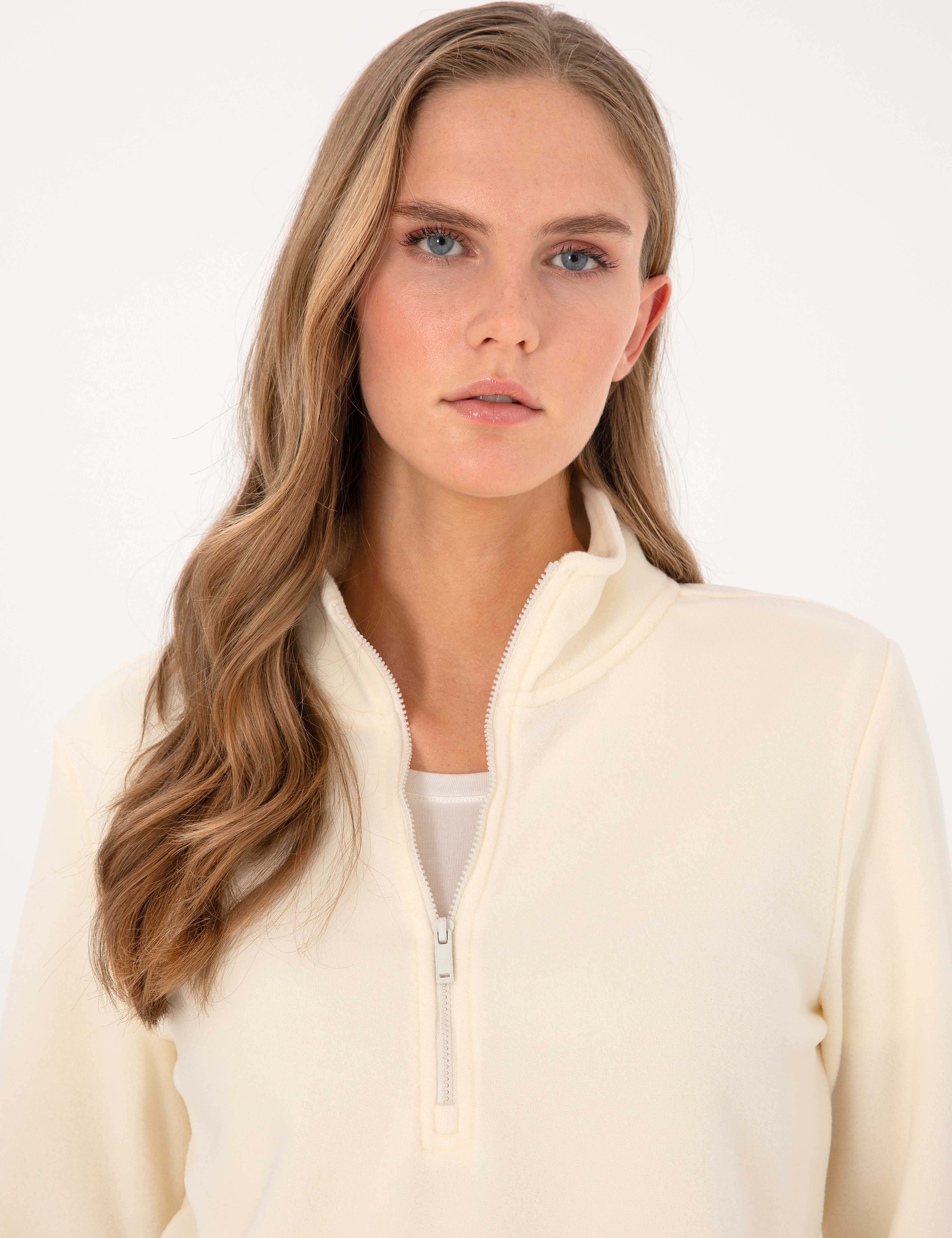 Ekru Comfort Fit Fermuarlı Polar Sweatshirt - Image 2