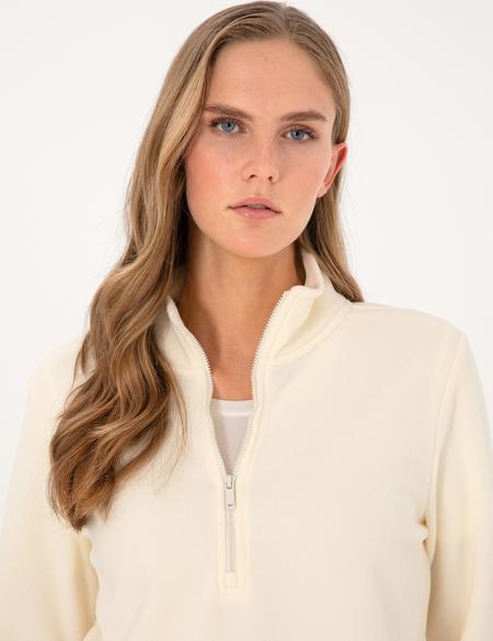 Ekru Comfort Fit Fermuarlı Polar Sweatshirt - 50316333012