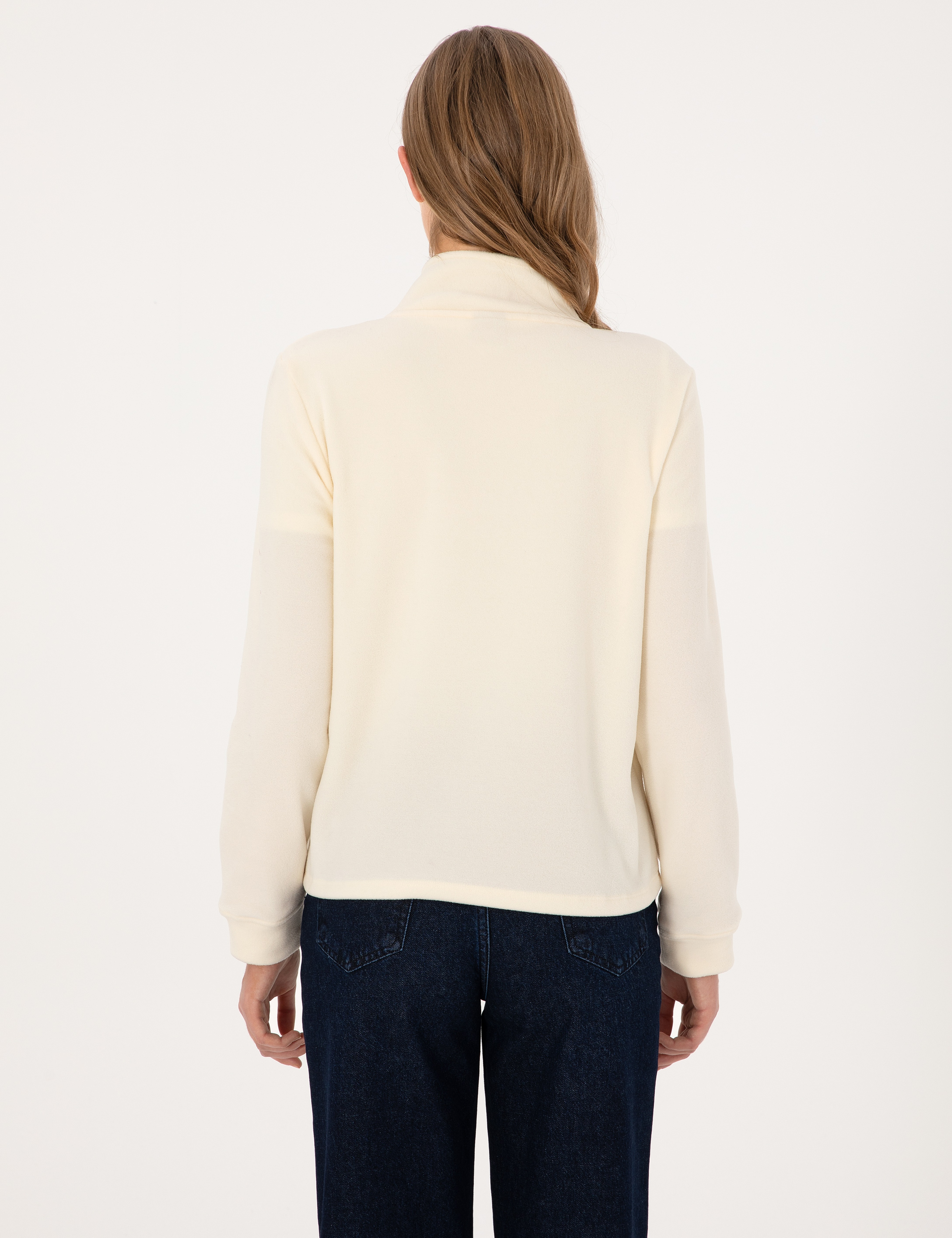 Ekru Comfort Fit Fermuarlı Polar Sweatshirt - Image 5
