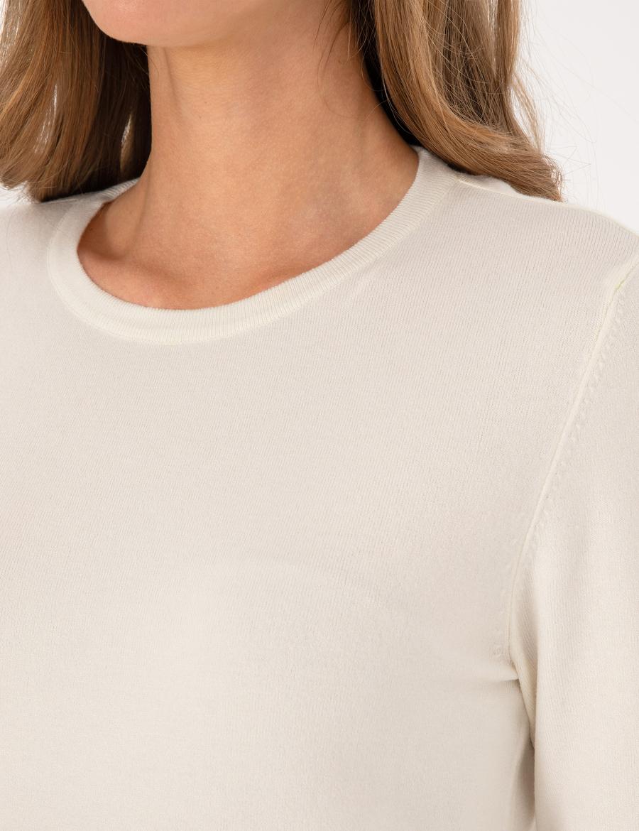 Ekru Slim Fit Bisiklet Yaka Basic Kazak