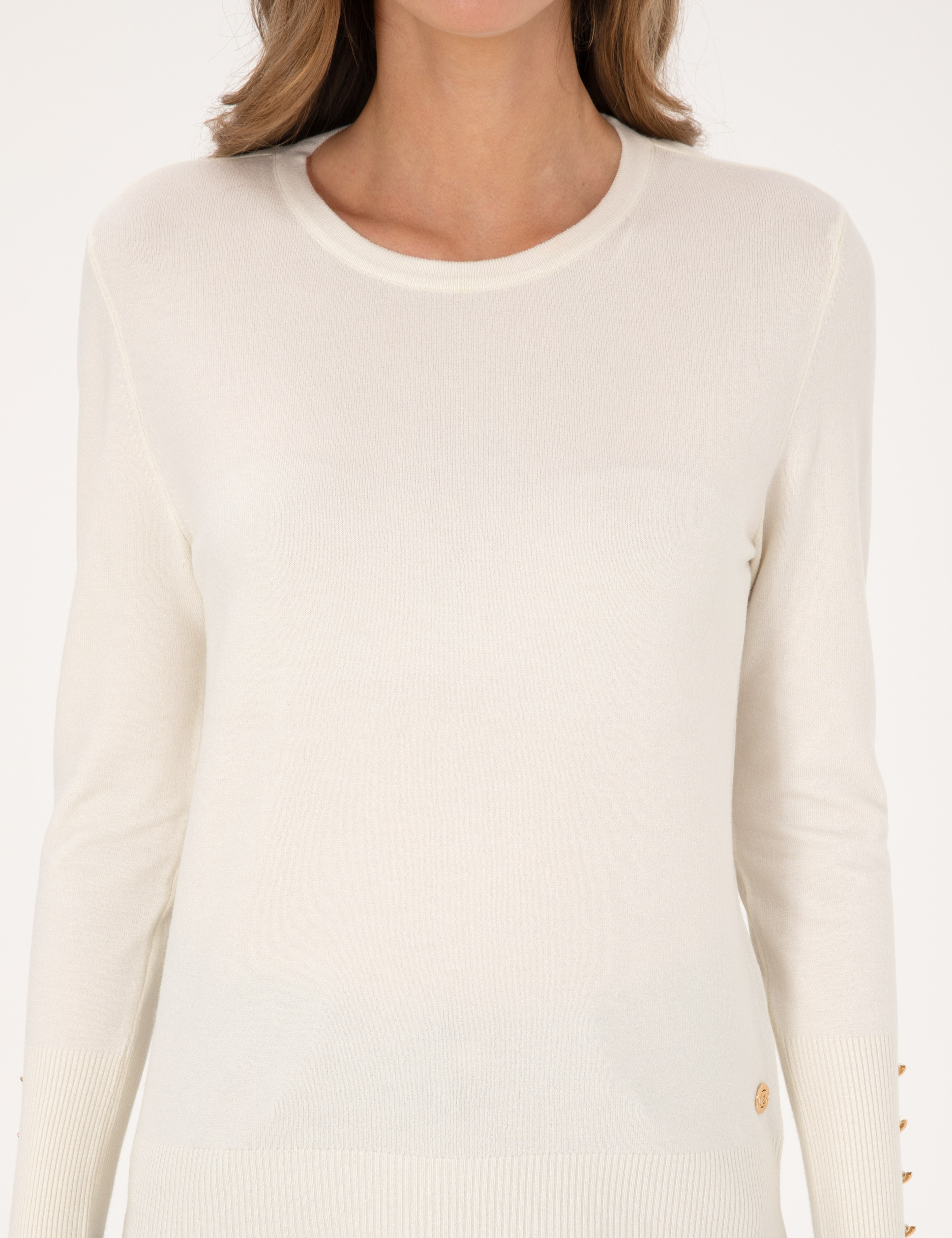 Ekru Slim Fit Bisiklet Yaka Basic Kazak - Image 6