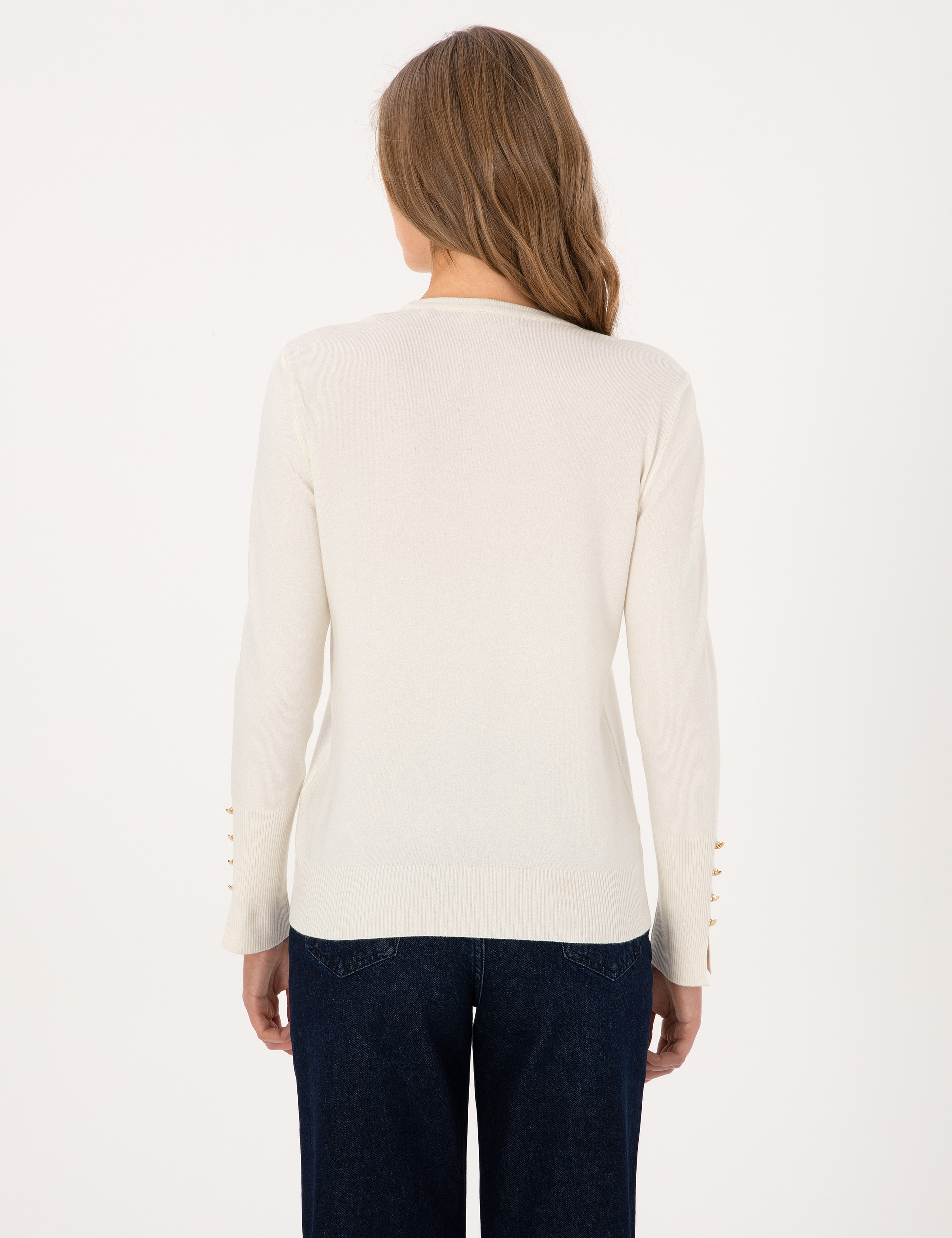 Ekru Slim Fit Bisiklet Yaka Basic Kazak