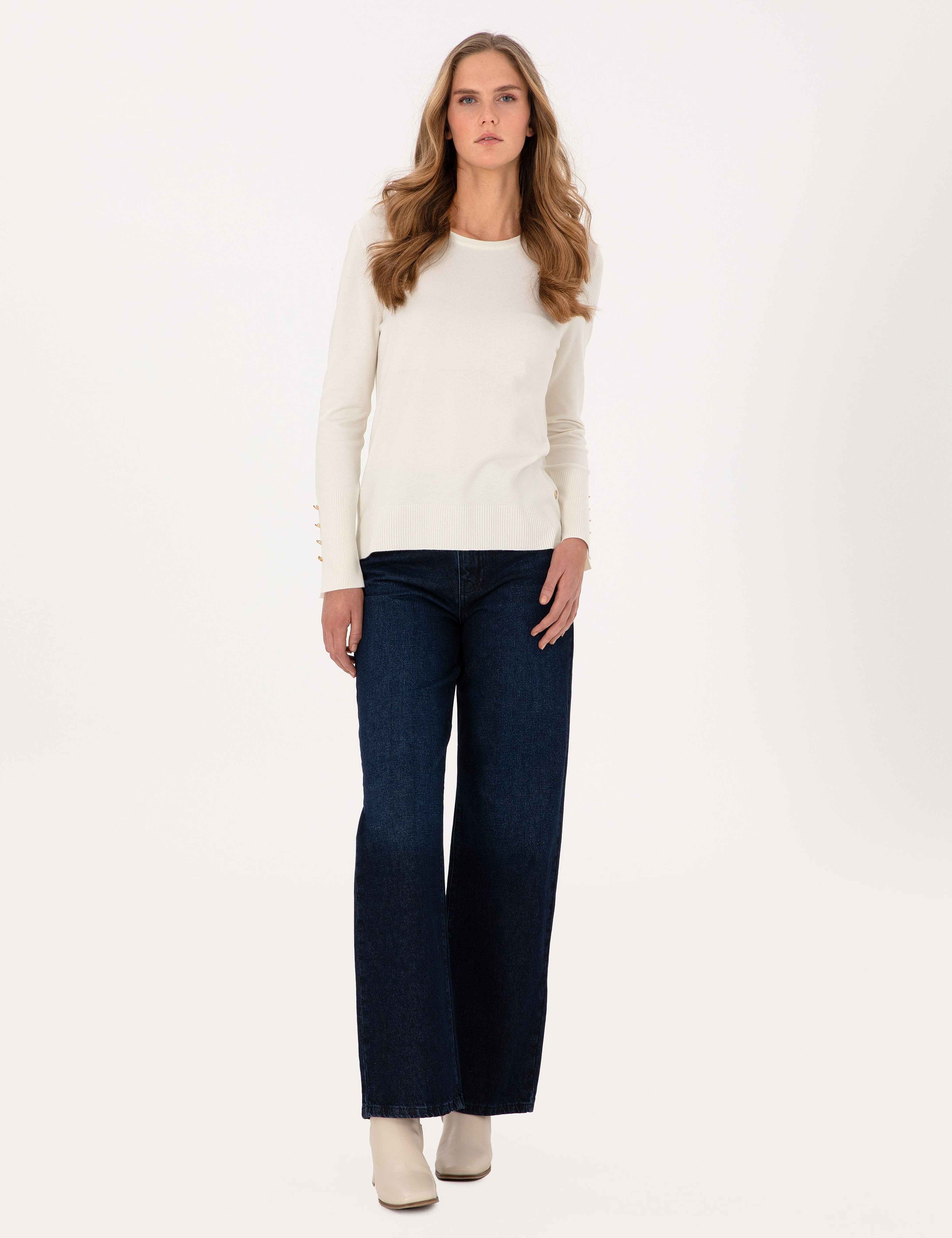 Ekru Slim Fit Bisiklet Yaka Basic Kazak