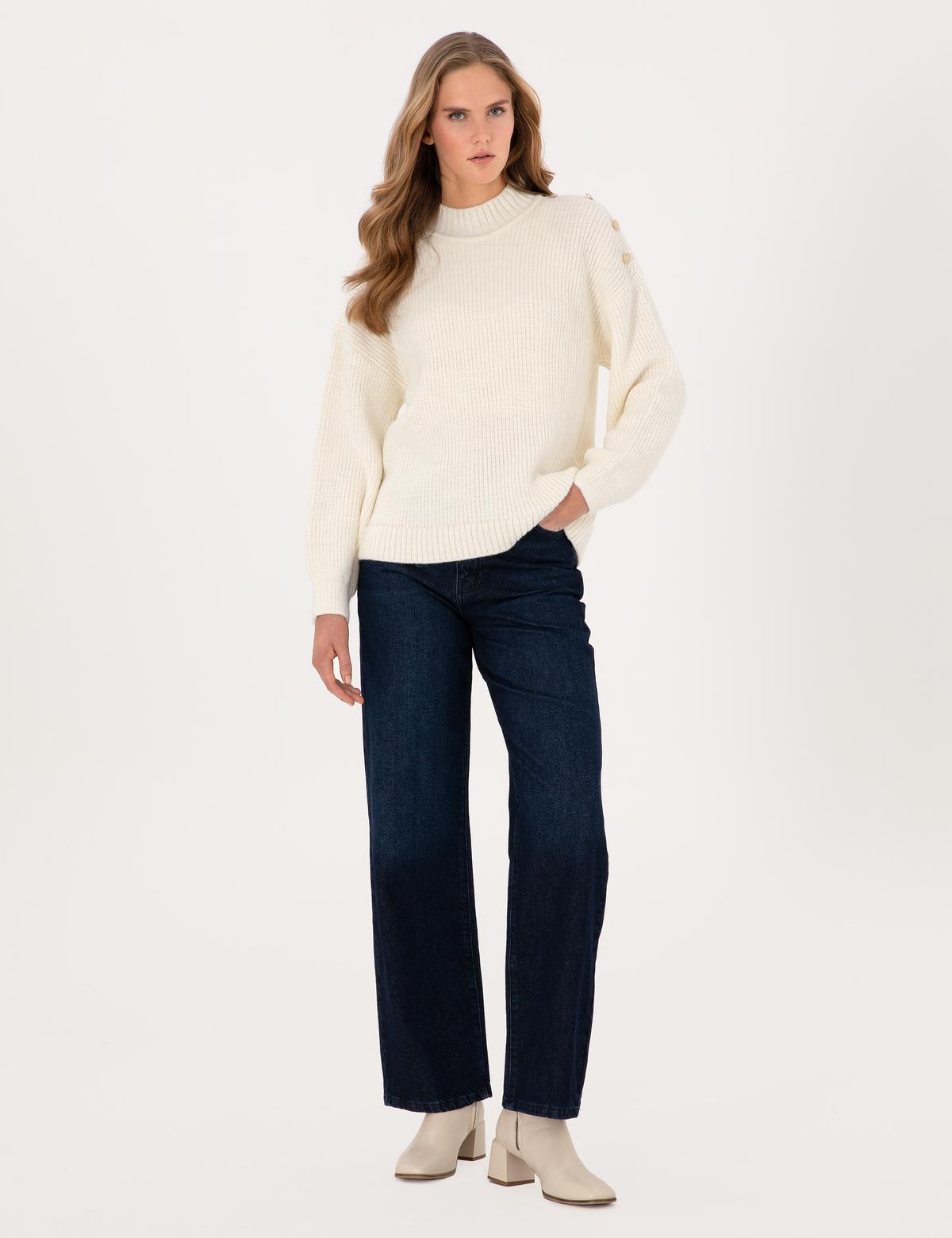 Ekru Comfort Fit Yarım Balıkçı Kazak - 50316342027