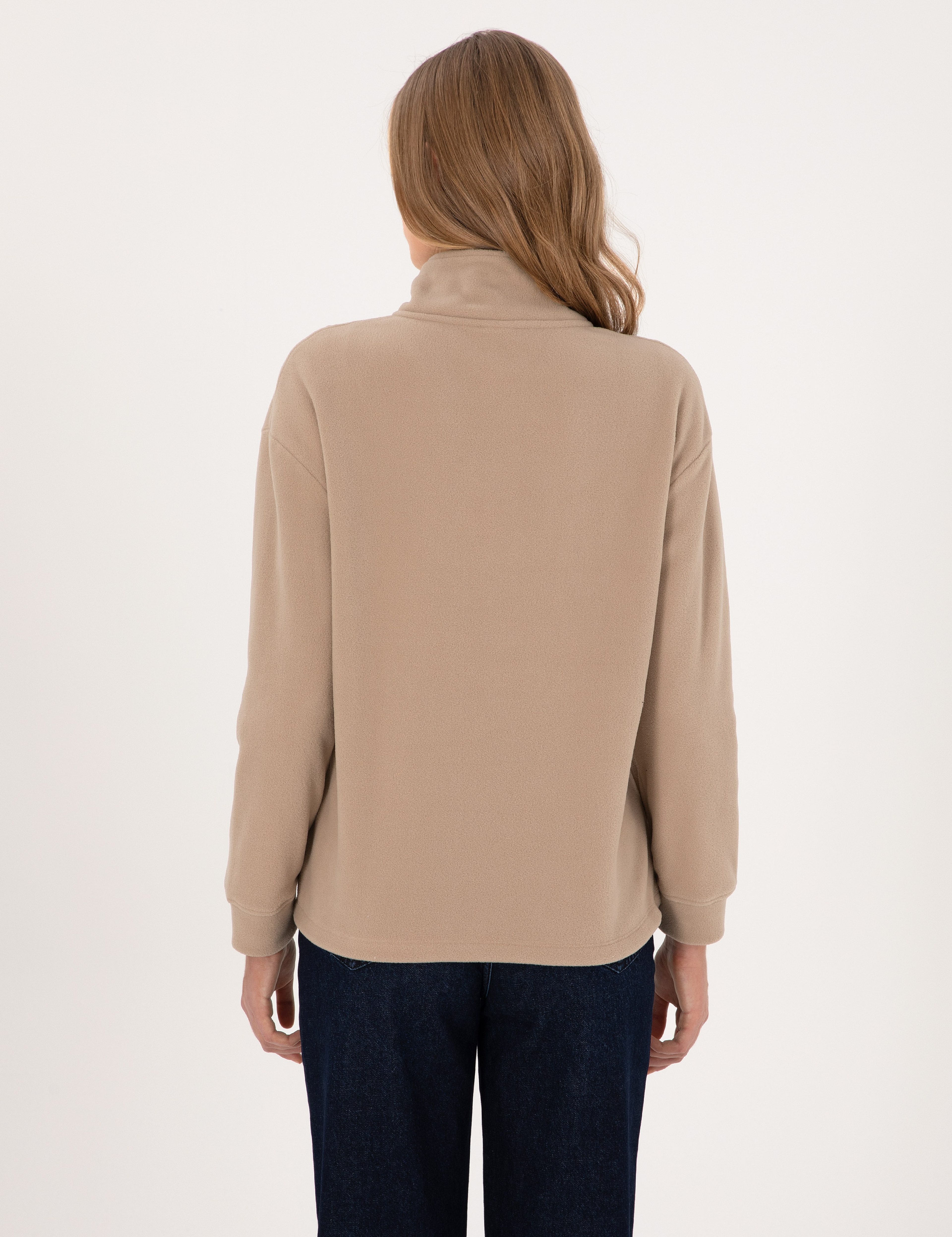 Bej Comfort Fit Fermuarlı Polar Sweatshirt - Image 5