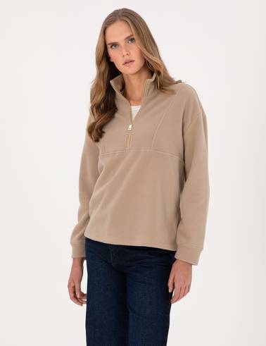 Bej Comfort Fit Fermuarlı Polar Sweatshirt
