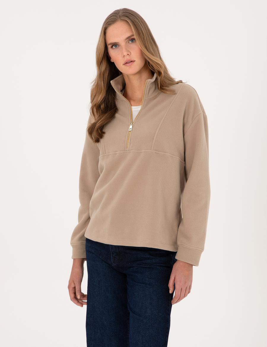 Bej Comfort Fit Fermuarlı Polar Sweatshirt