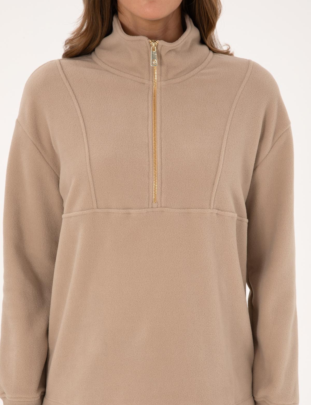 Bej Comfort Fit Fermuarlı Polar Sweatshirt - 50314954003