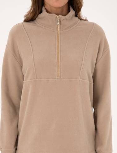 Bej Comfort Fit Fermuarlı Polar Sweatshirt
