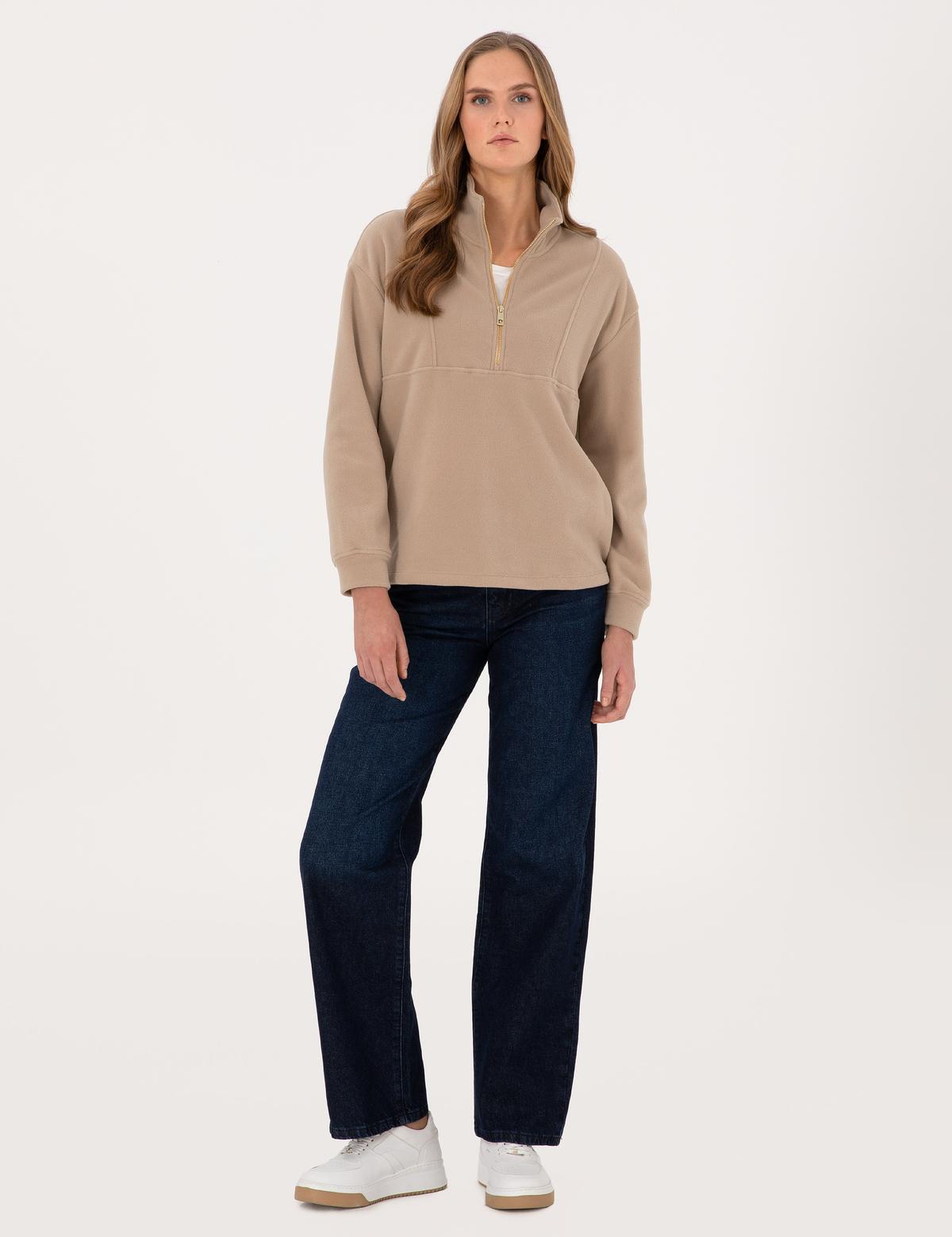 Bej Comfort Fit Fermuarlı Polar Sweatshirt - 50314954003