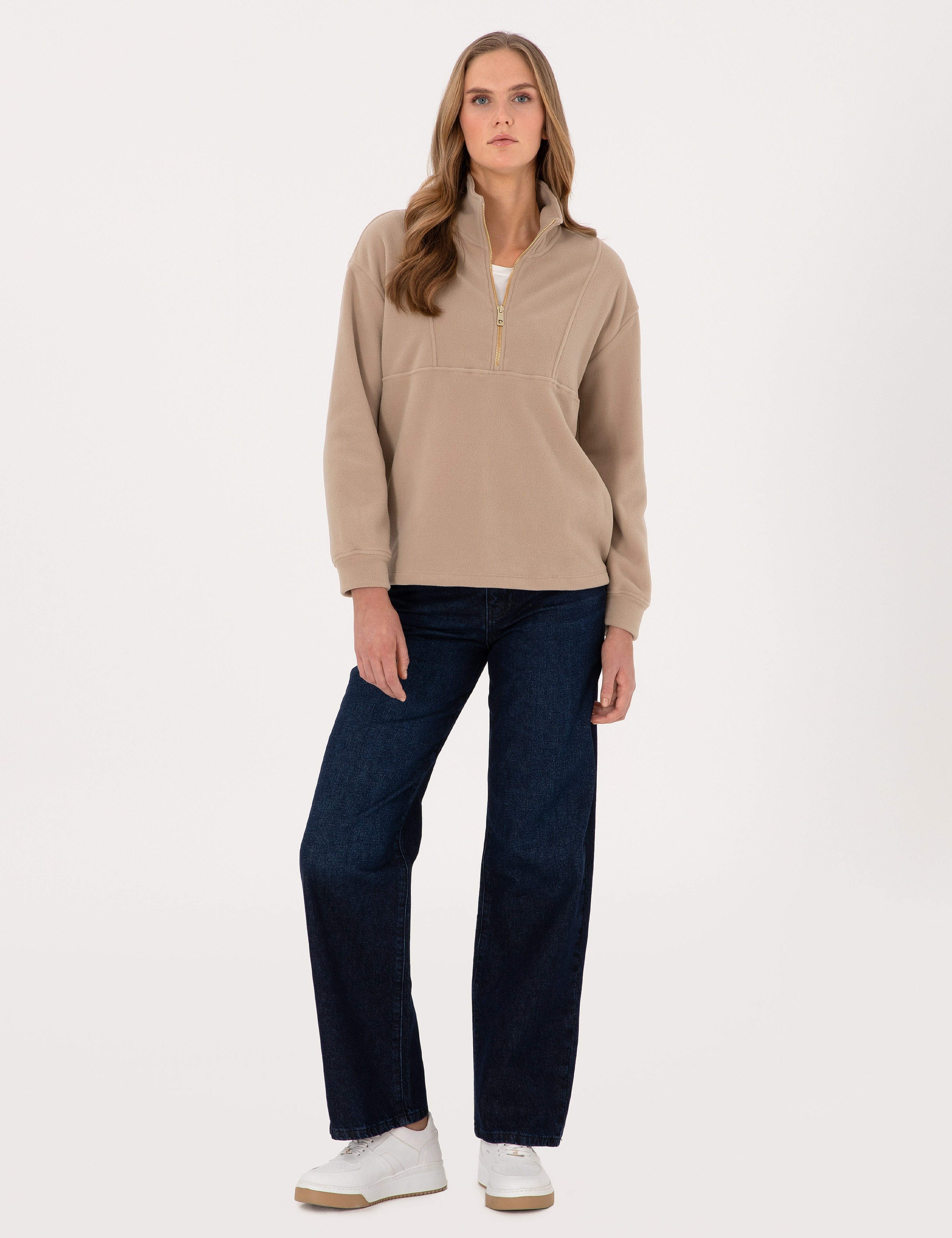 Bej Comfort Fit Fermuarlı Polar Sweatshirt - Image 4