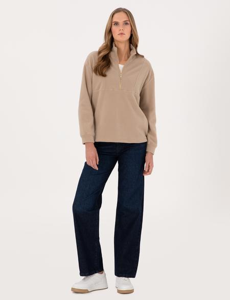 Bej Comfort Fit Fermuarlı Polar Sweatshirt - 50314954003