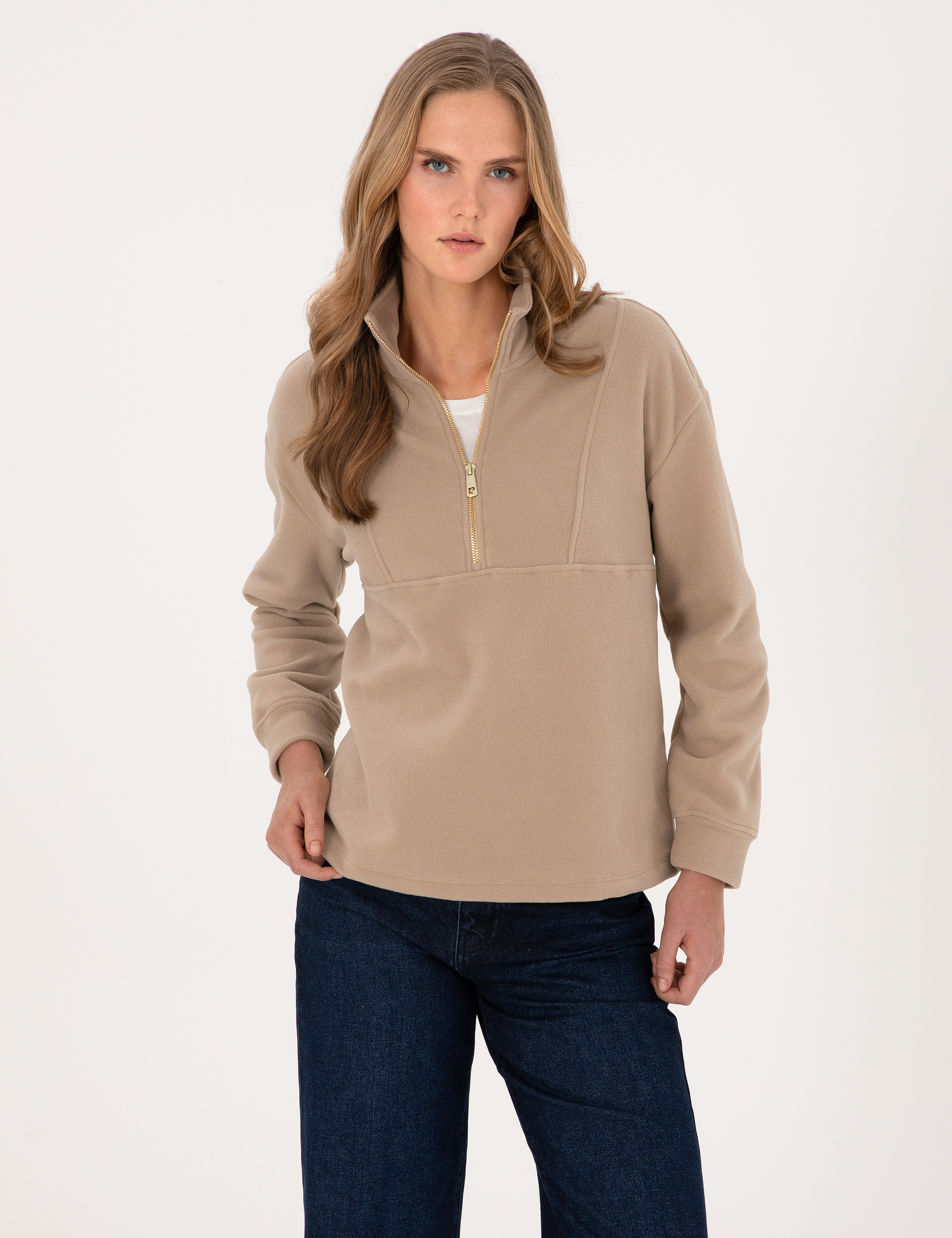 Bej Comfort Fit Fermuarlı Polar Sweatshirt - Image 3