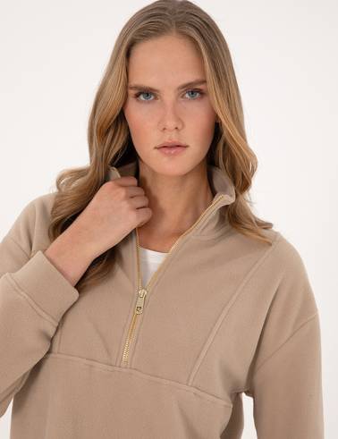 Bej Comfort Fit Fermuarlı Polar Sweatshirt