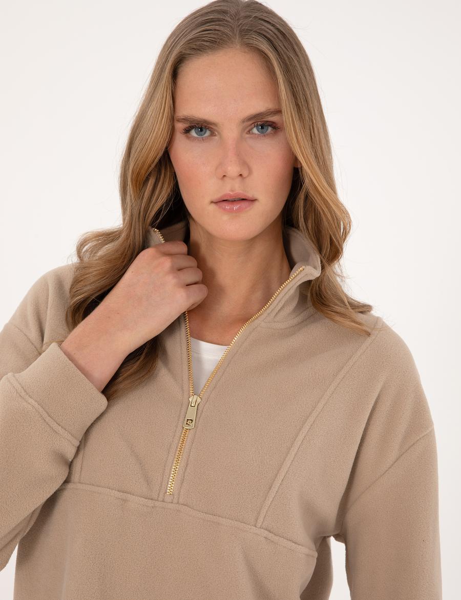 Bej Comfort Fit Fermuarlı Polar Sweatshirt