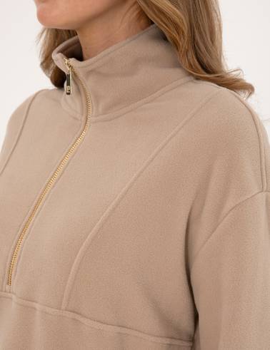 Bej Comfort Fit Fermuarlı Polar Sweatshirt