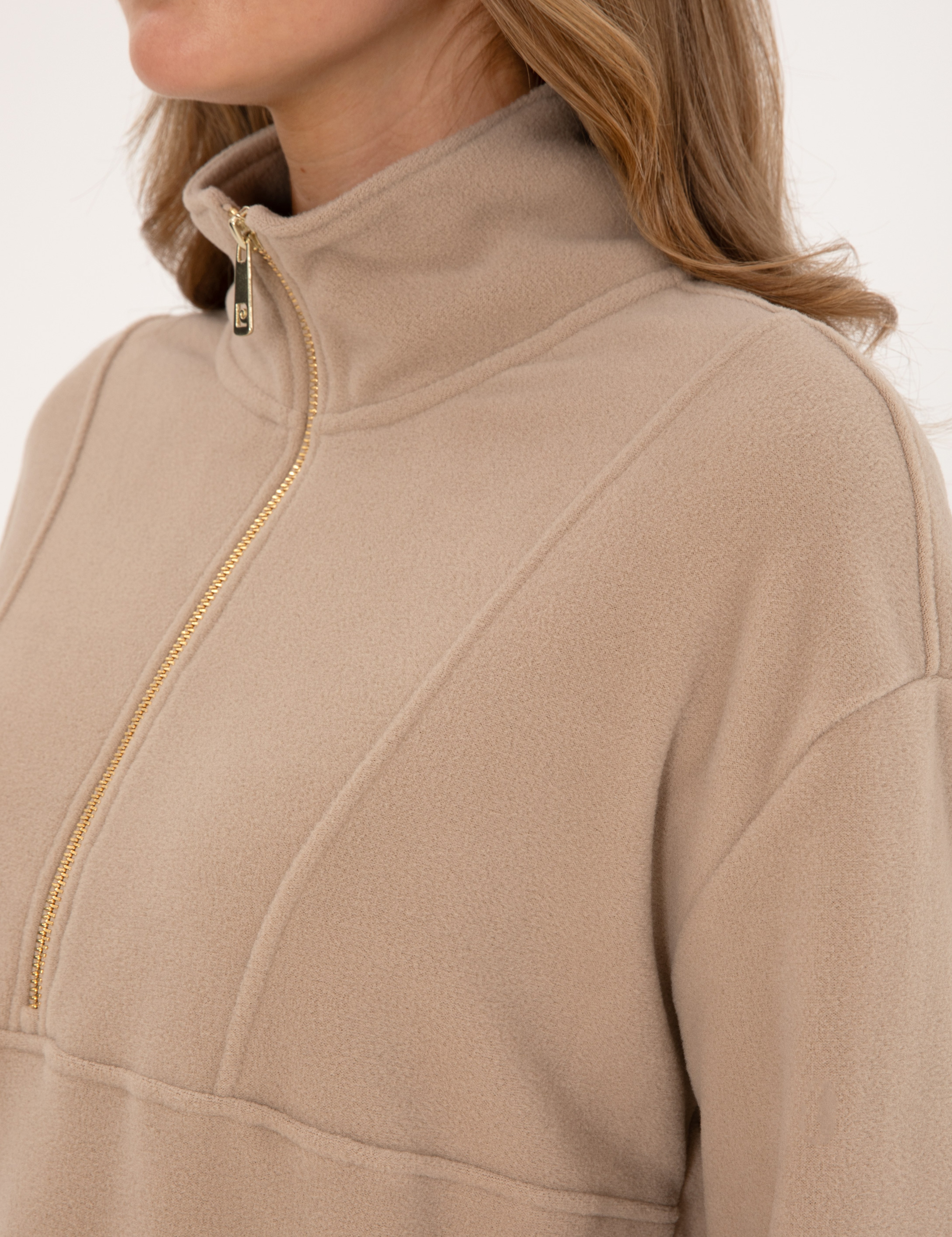 Bej Comfort Fit Fermuarlı Polar Sweatshirt - Image 7