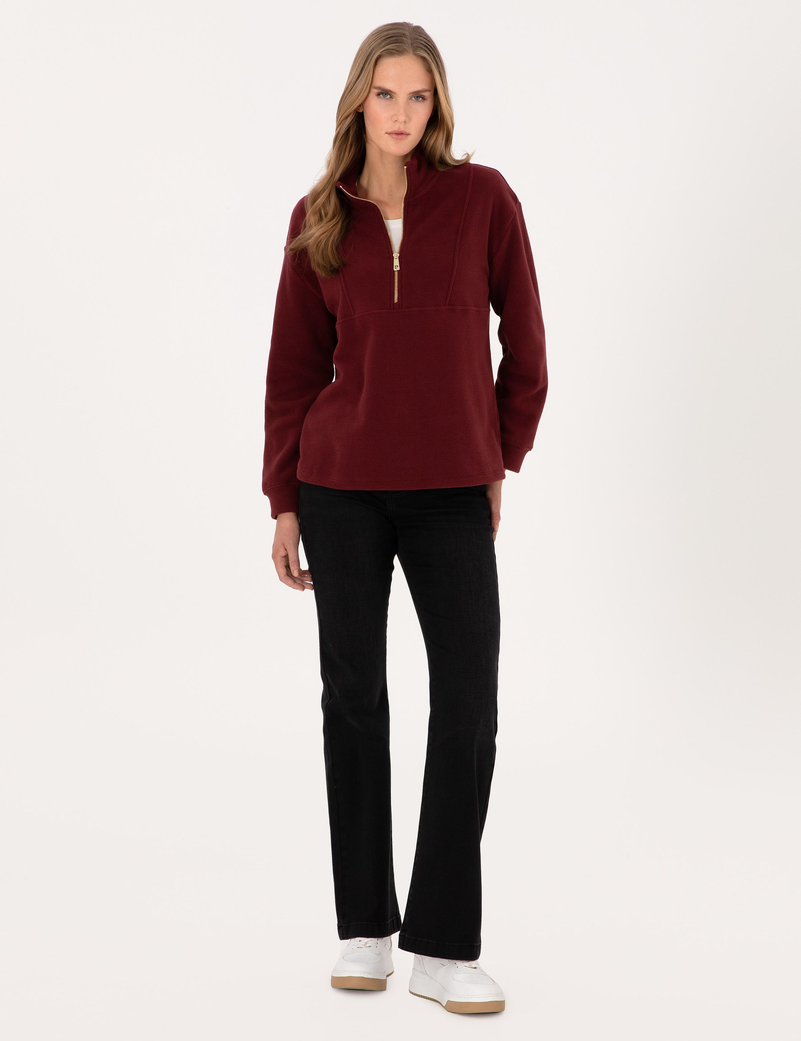 Vişne Comfort Fit Fermuarlı Polar Sweatshirt