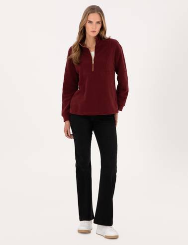 Vişne Comfort Fit Fermuarlı Polar Sweatshirt