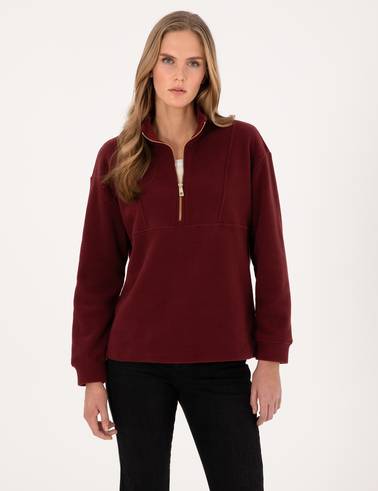 Vişne Comfort Fit Fermuarlı Polar Sweatshirt