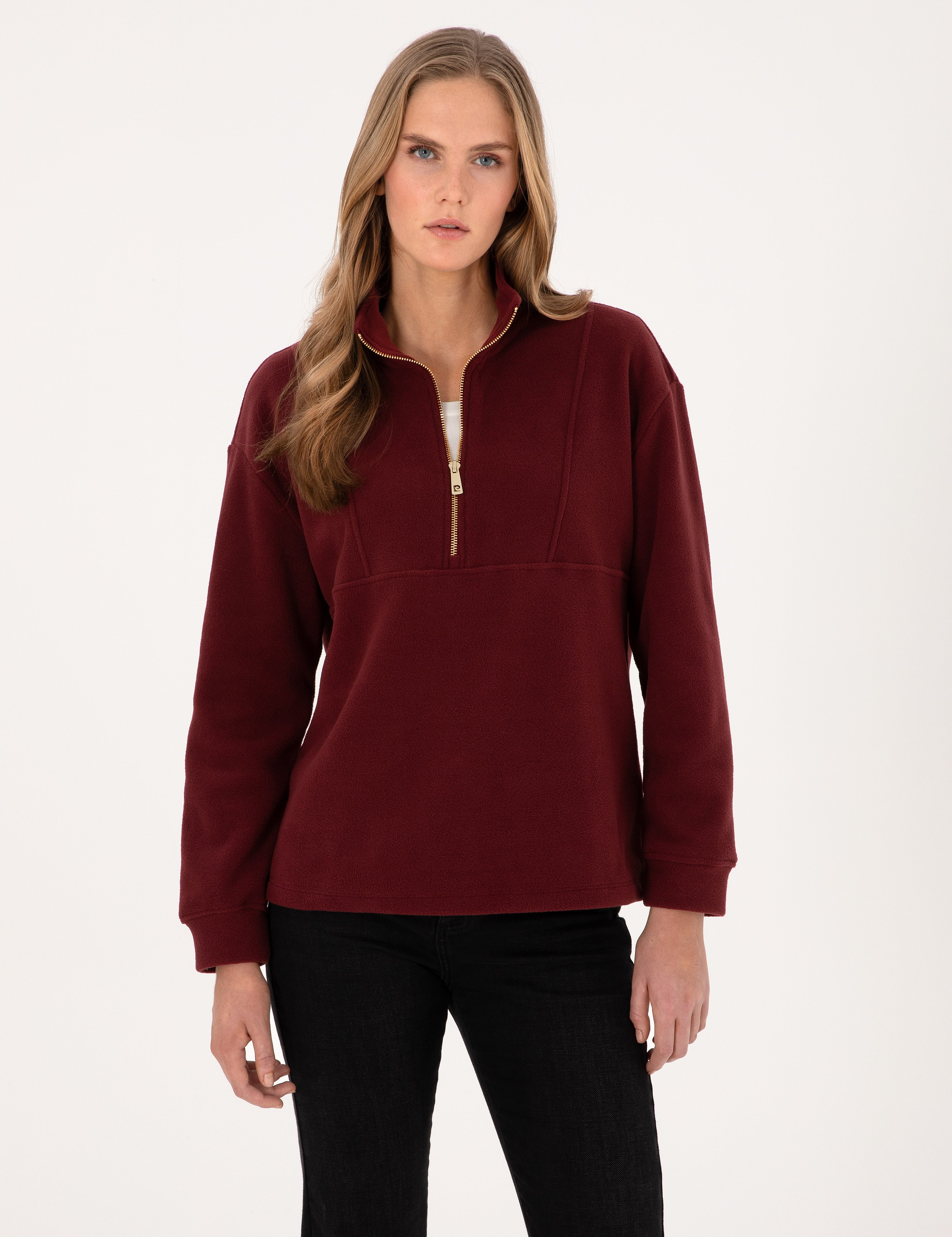 Vişne Comfort Fit Fermuarlı Polar Sweatshirt - Image 1