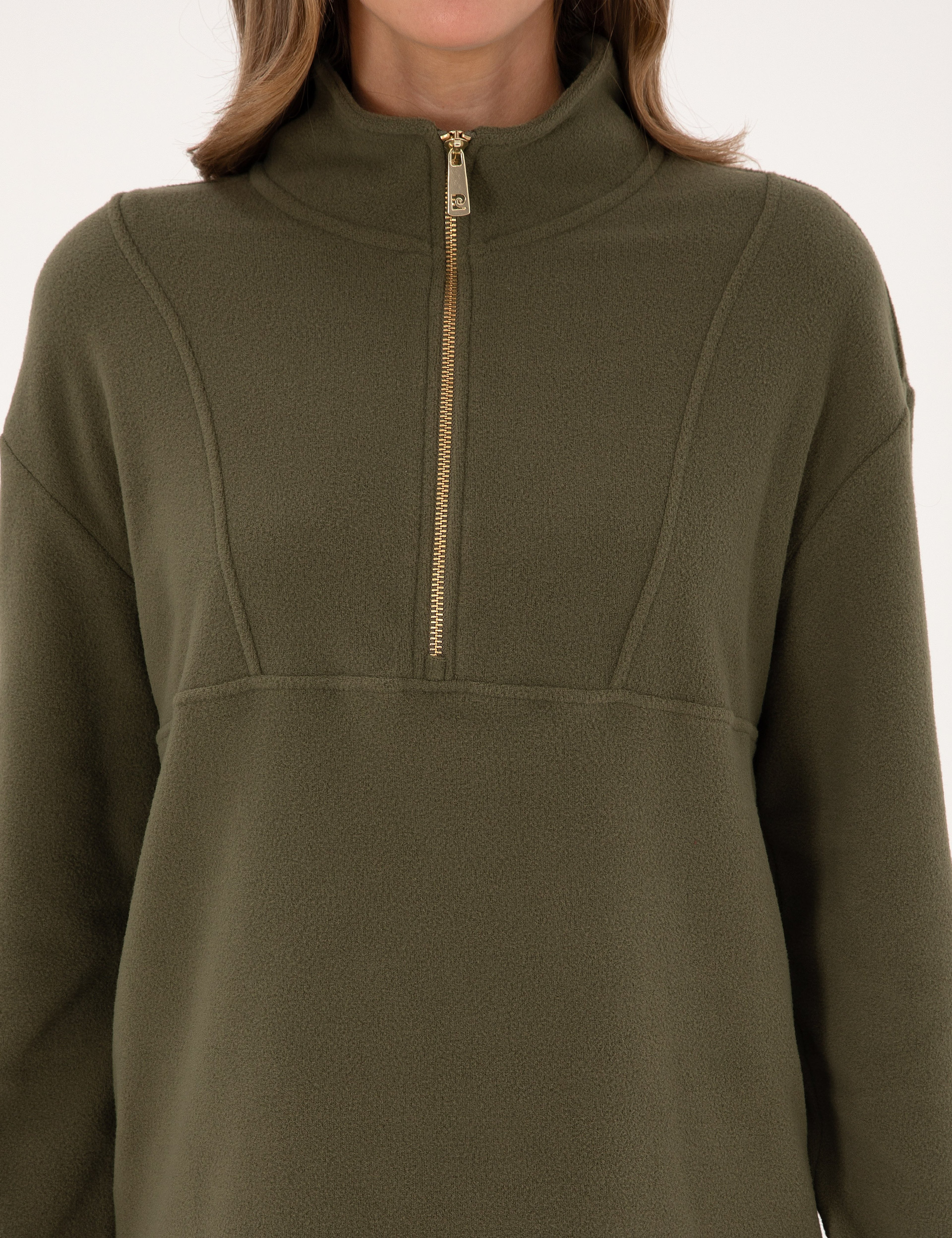 Haki Comfort Fit Fermuarlı Polar Sweatshirt