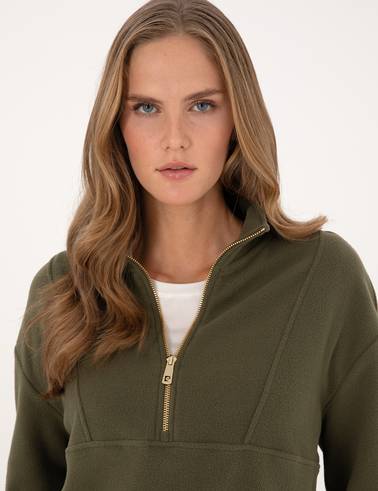 Haki Comfort Fit Fermuarlı Polar Sweatshirt