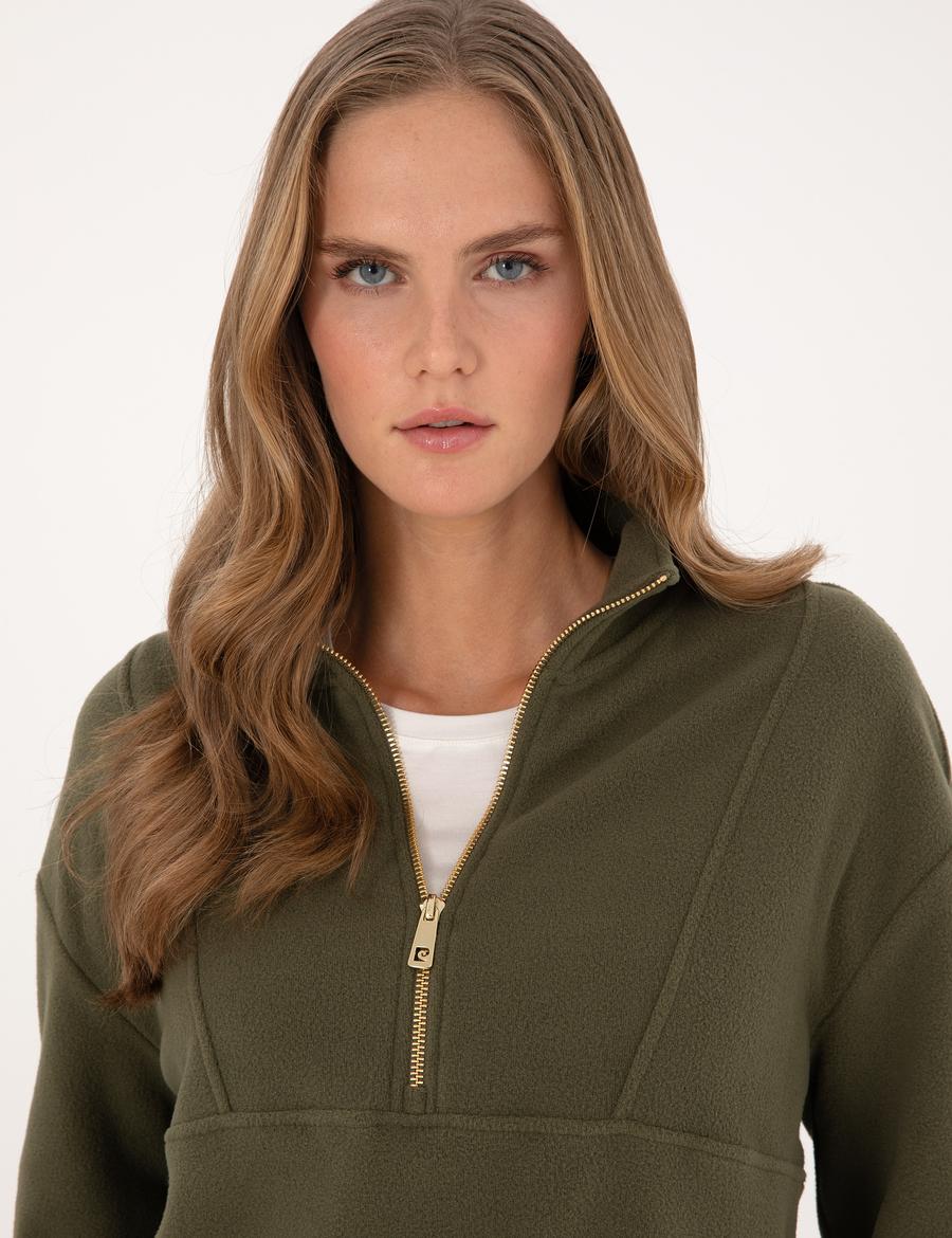 Haki Comfort Fit Fermuarlı Polar Sweatshirt