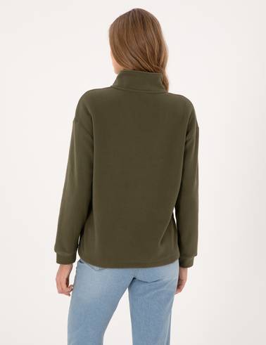 Haki Comfort Fit Fermuarlı Polar Sweatshirt