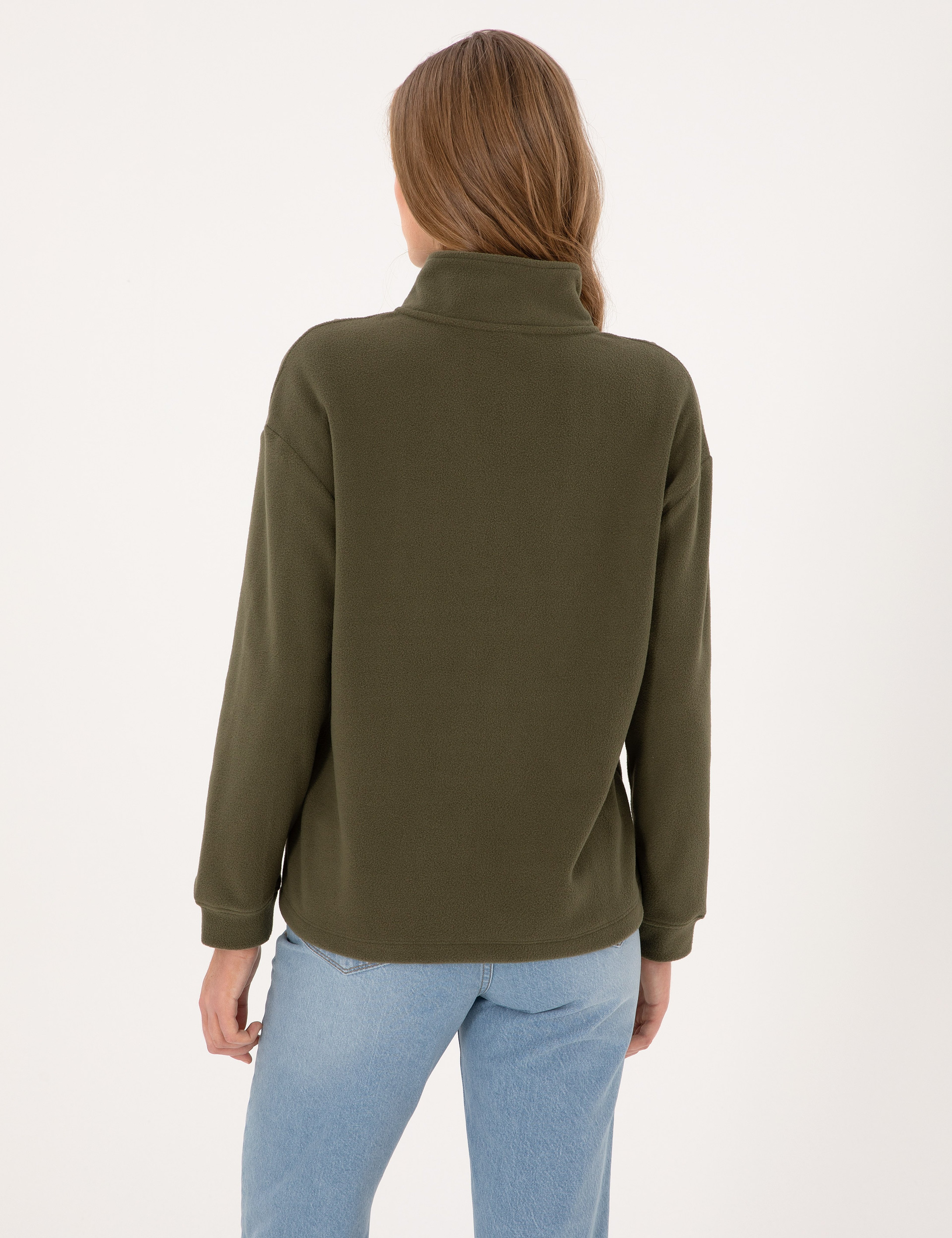 Haki Comfort Fit Fermuarlı Polar Sweatshirt - Image 5