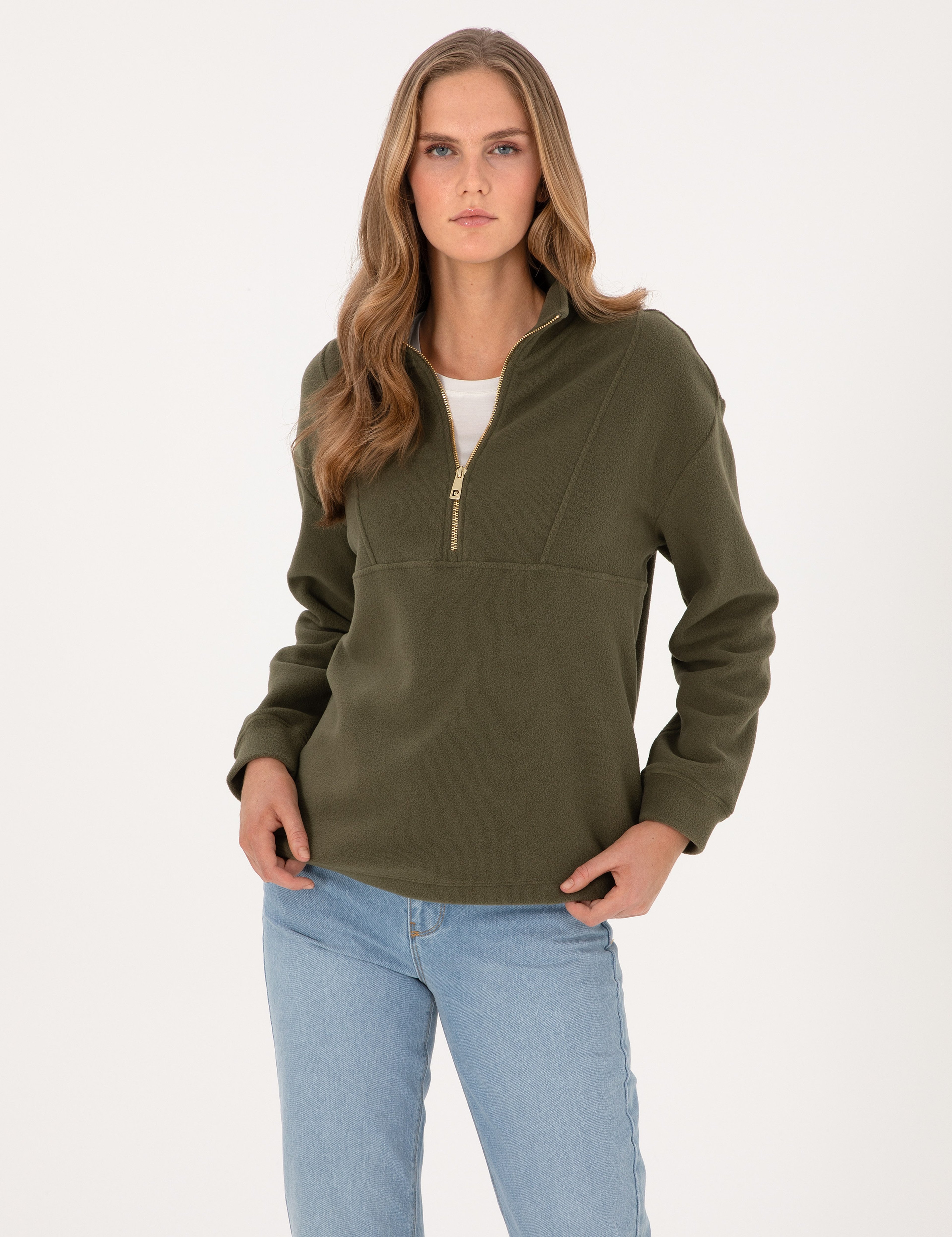 Haki Comfort Fit Fermuarlı Polar Sweatshirt - Image 1