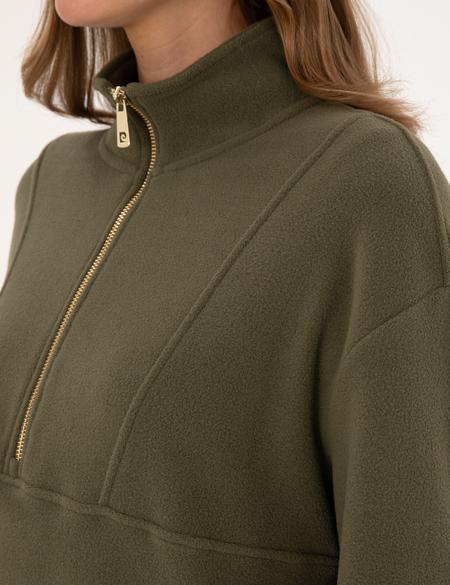 Haki Comfort Fit Fermuarlı Polar Sweatshirt - 50314954040