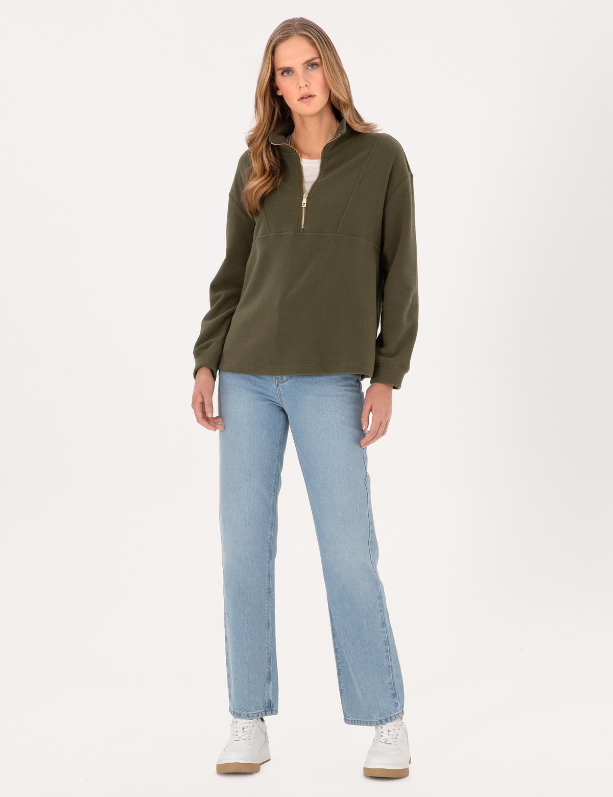 Haki Comfort Fit Fermuarlı Polar Sweatshirt - 50314954040