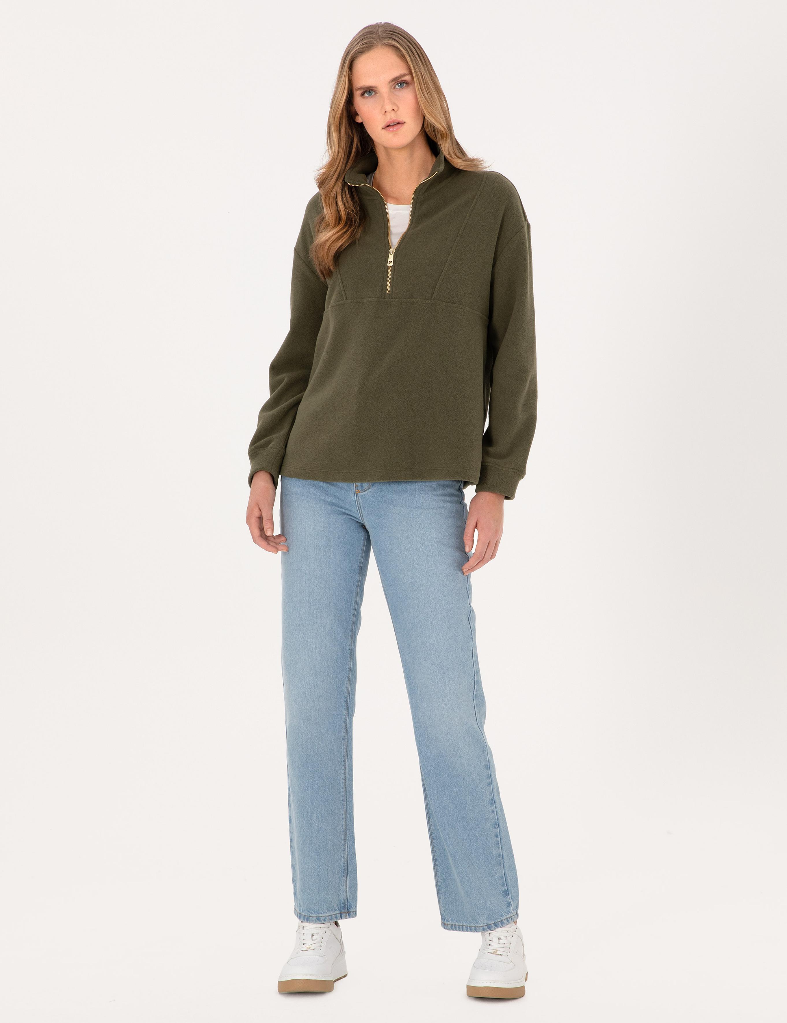 Haki Comfort Fit Fermuarlı Polar Sweatshirt