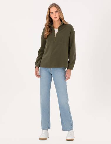Haki Comfort Fit Fermuarlı Polar Sweatshirt