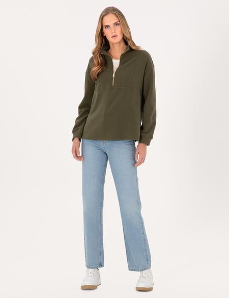 Haki Comfort Fit Fermuarlı Polar Sweatshirt - 50314954040